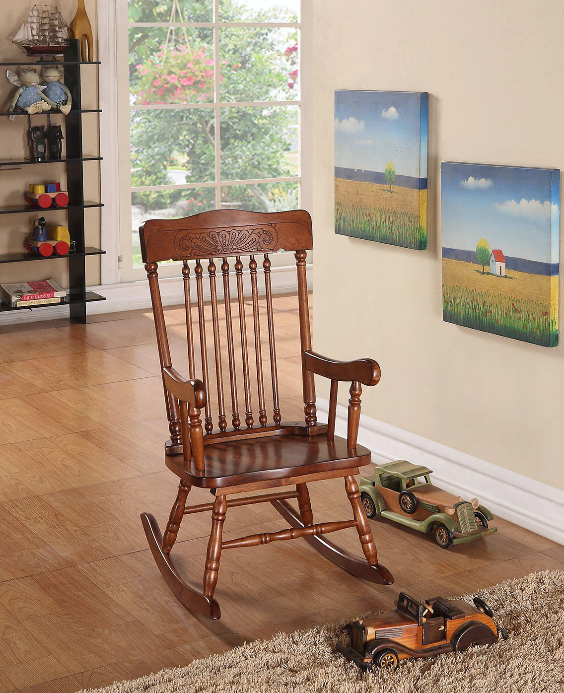 Embossed Cherry Brown Wooden Youth Rocking Chair By Homeroots