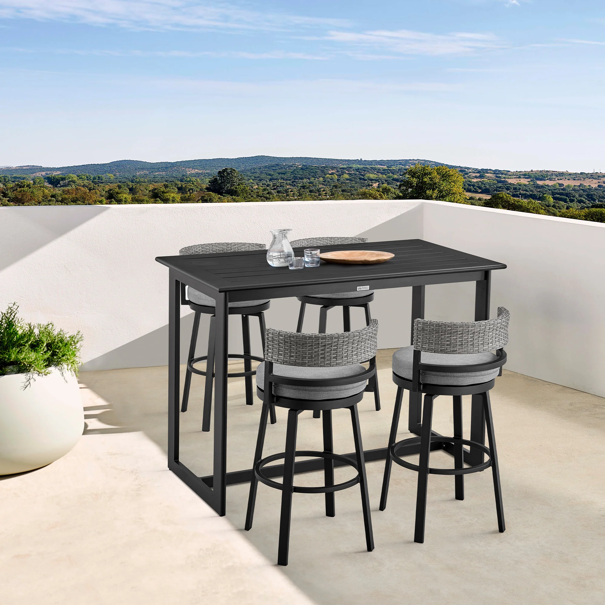 Encinitas Outdoor Patio Counter Height Swivel Bar Stool in Aluminum and Wicker with Grey Cushions By Armen Living - Image 3