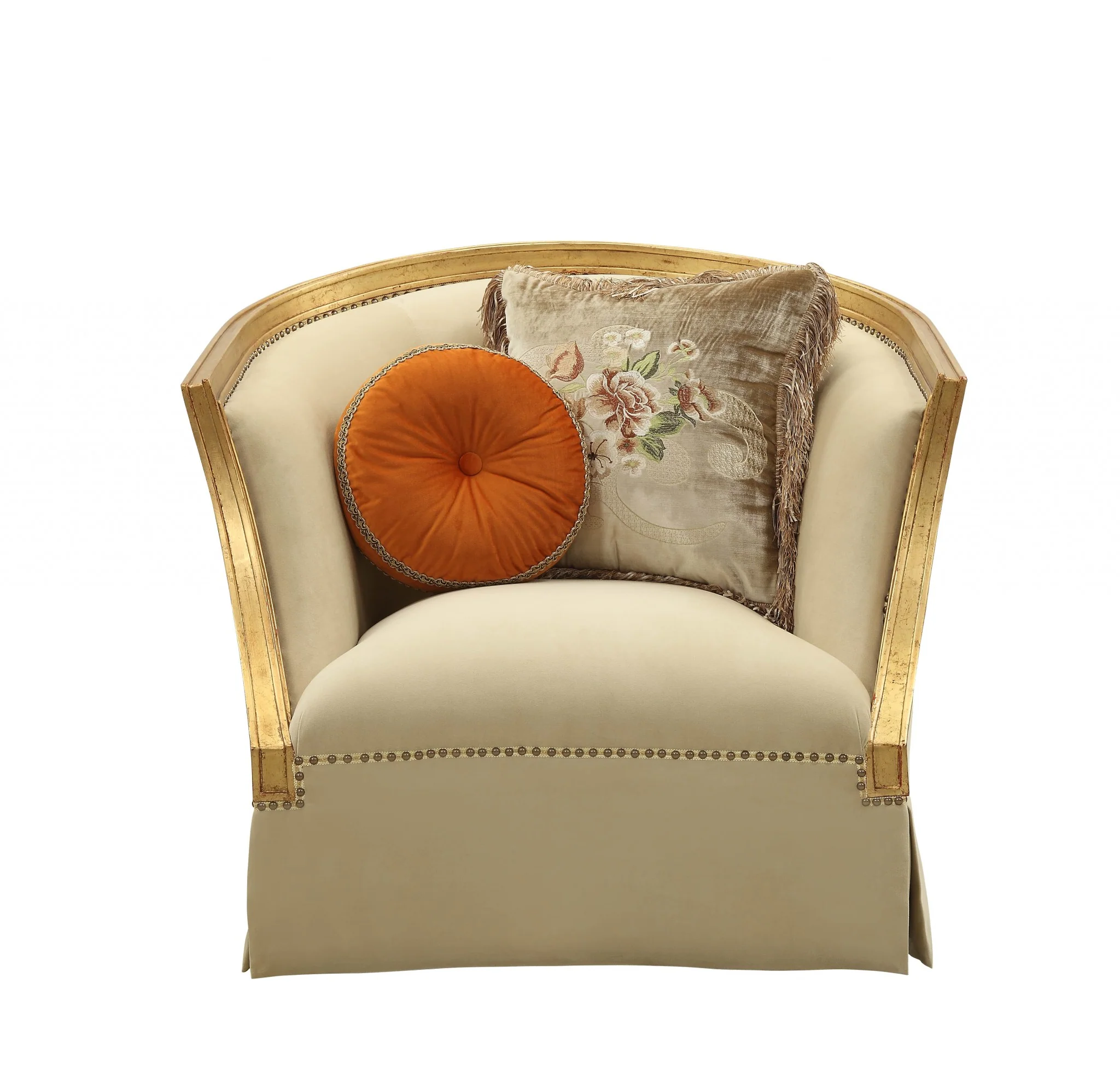 Fabric Antique Gold Upholstery Wood LegTrim Chair w Pillows By Homeroots