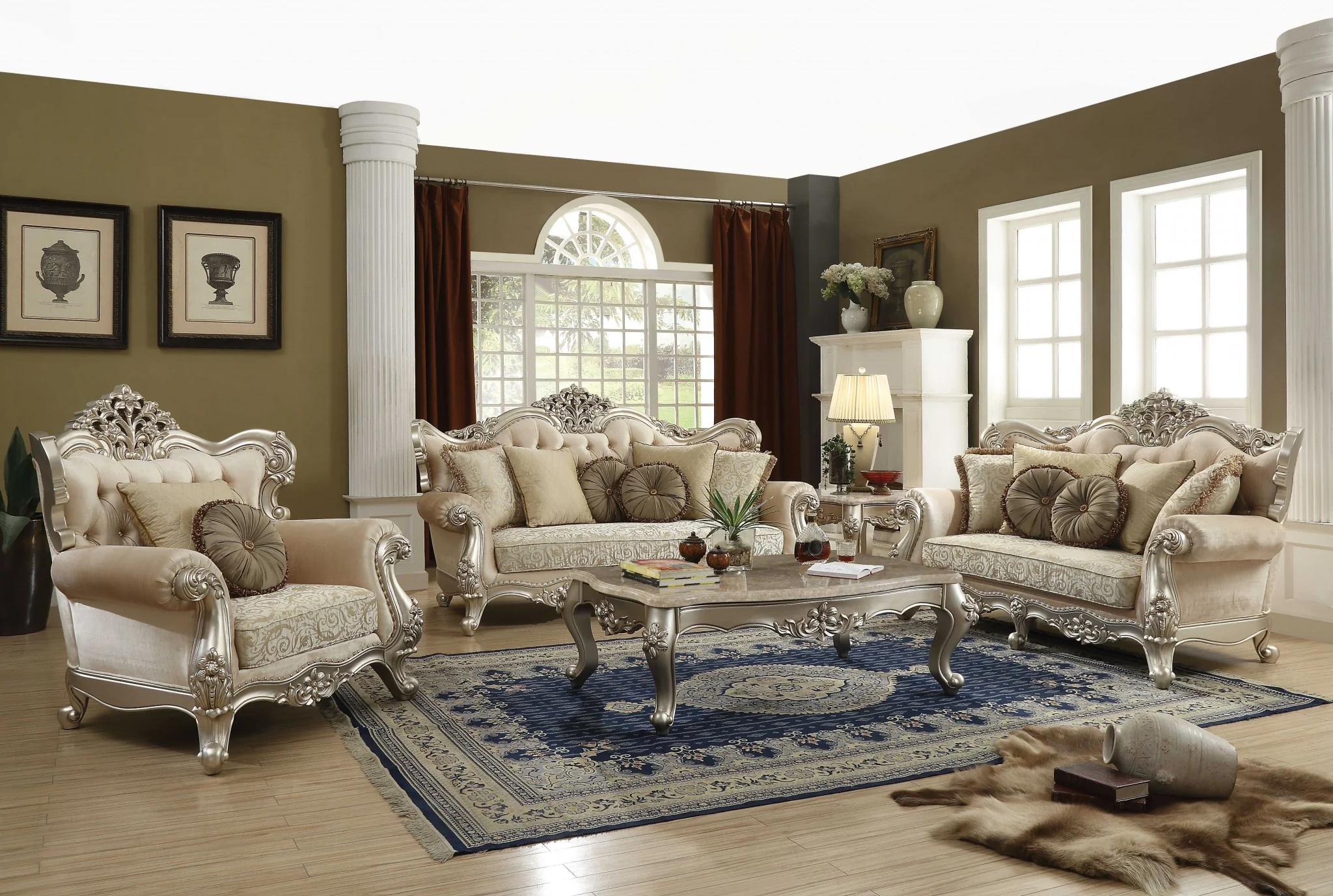 Fabric Champagne Upholstery Wood LegTrim Chair w Pillows By Homeroots - Image 2