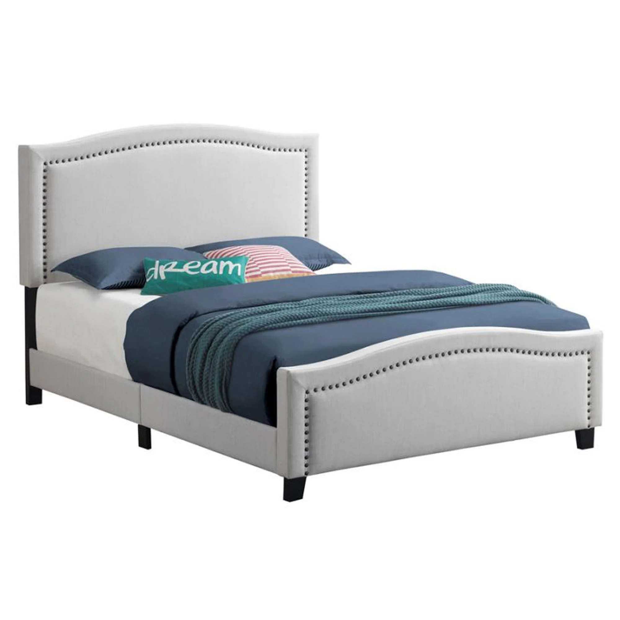 Fabric Upholstered Curved Design Queen Bed Beige By Benzara