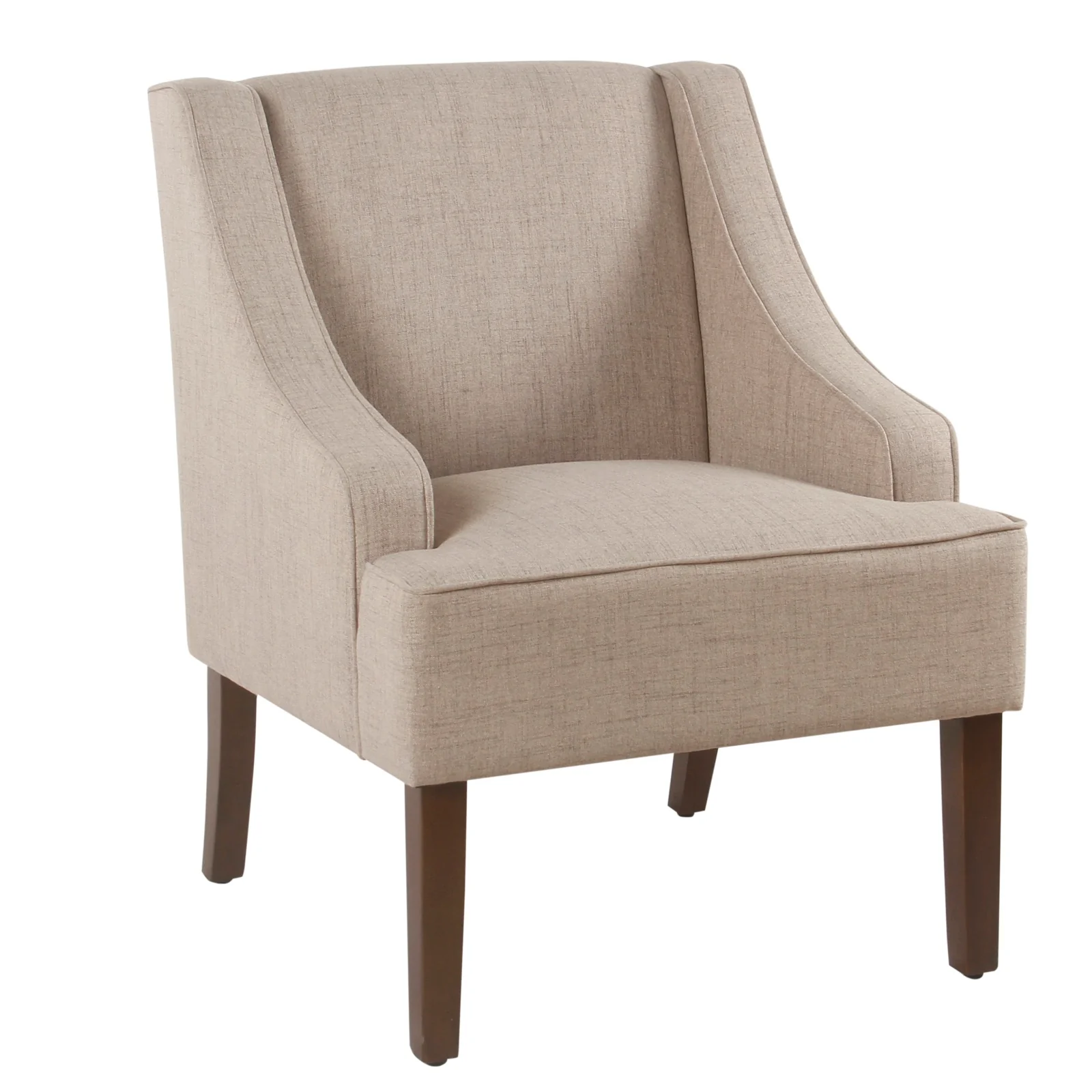 Fabric Upholstered Wooden Accent Chair With Swooping Armrests, Beige And Brown By Benzara