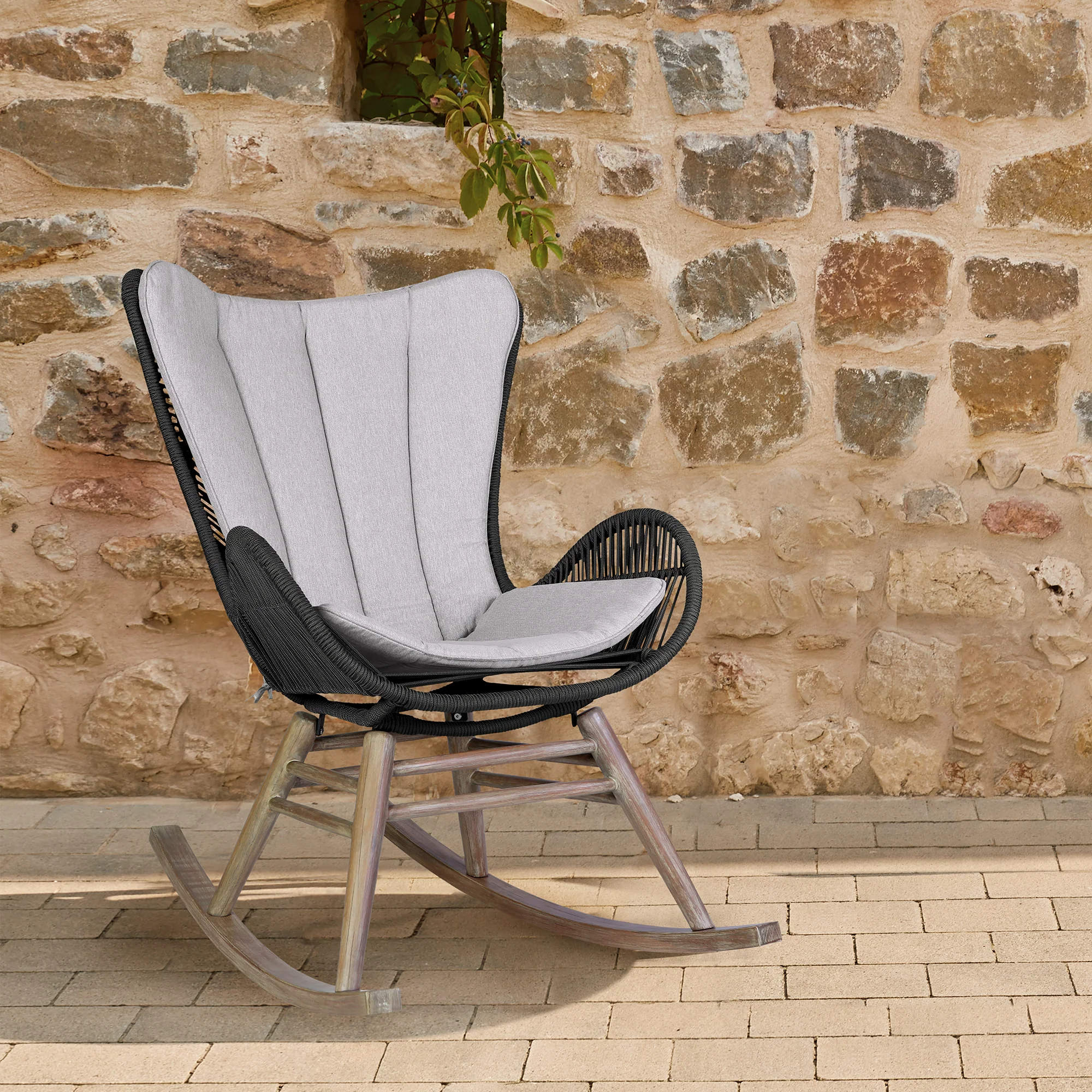 Fanny Outdoor Patio Rocking chair in Light Eucalyptus Wood and Charcoal Rope By Armen Living
