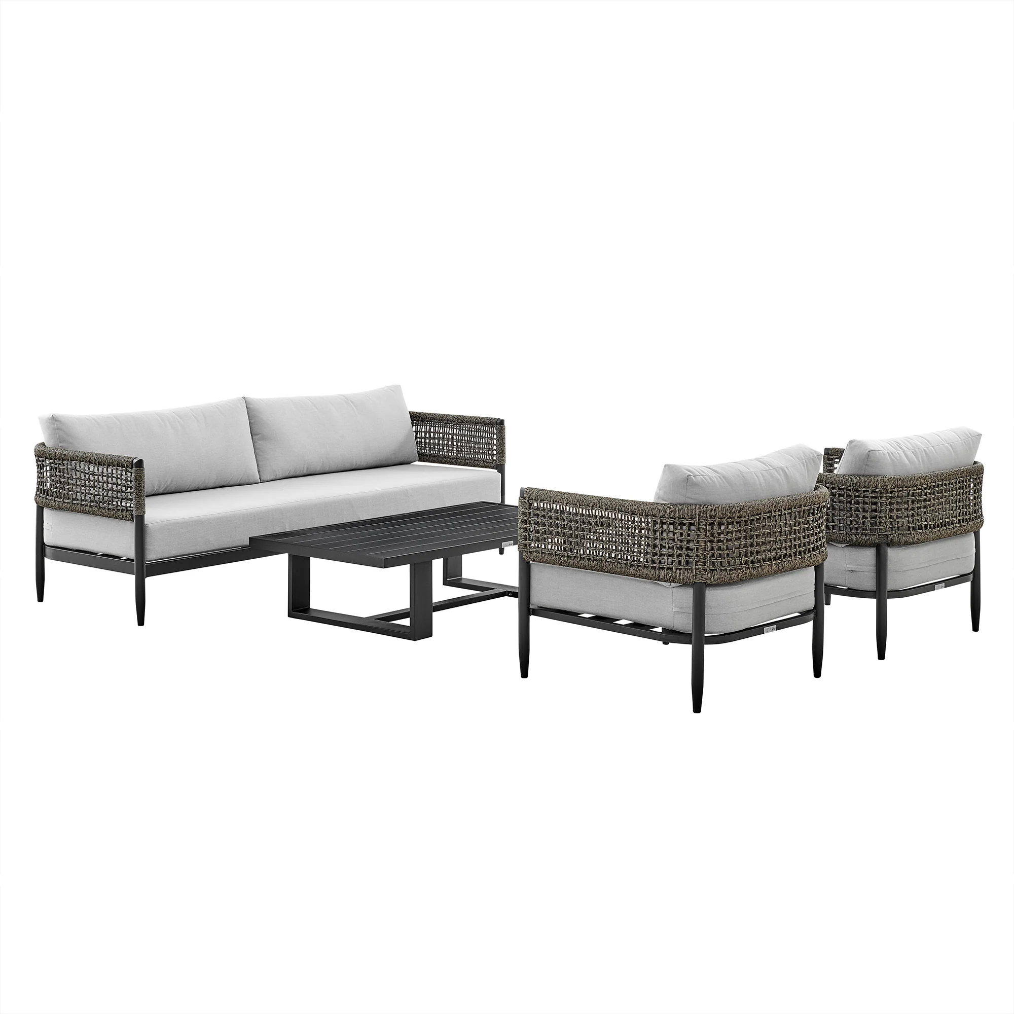 Felicia 4 Piece Outdoor Black Aluminum & Rope Conversation Set with Light Gray Fabric Cushions By Armen Living - Image 2