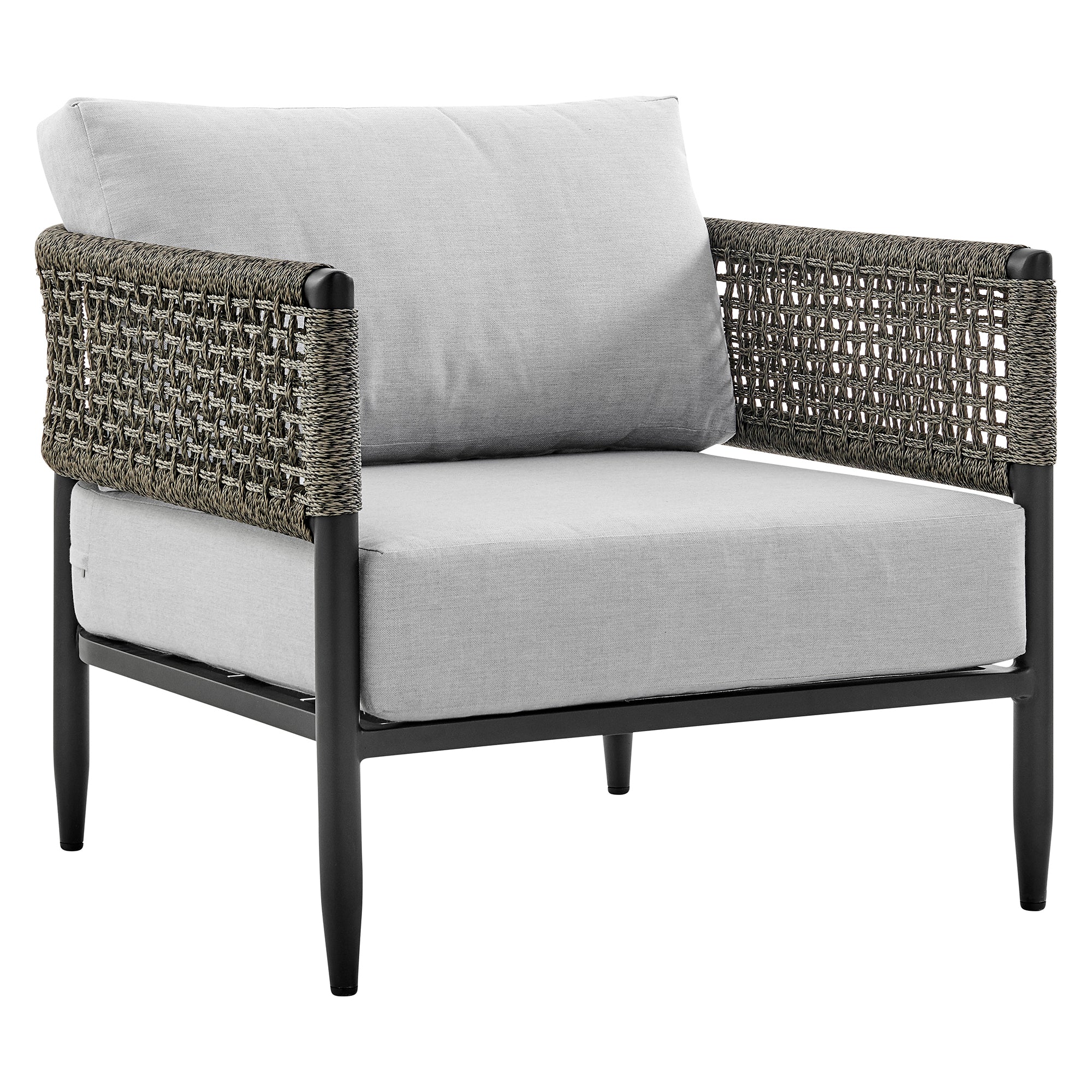 Felicia 4 Piece Outdoor Black Aluminum & Rope Conversation Set with Light Gray Fabric Cushions By Armen Living - Image 5