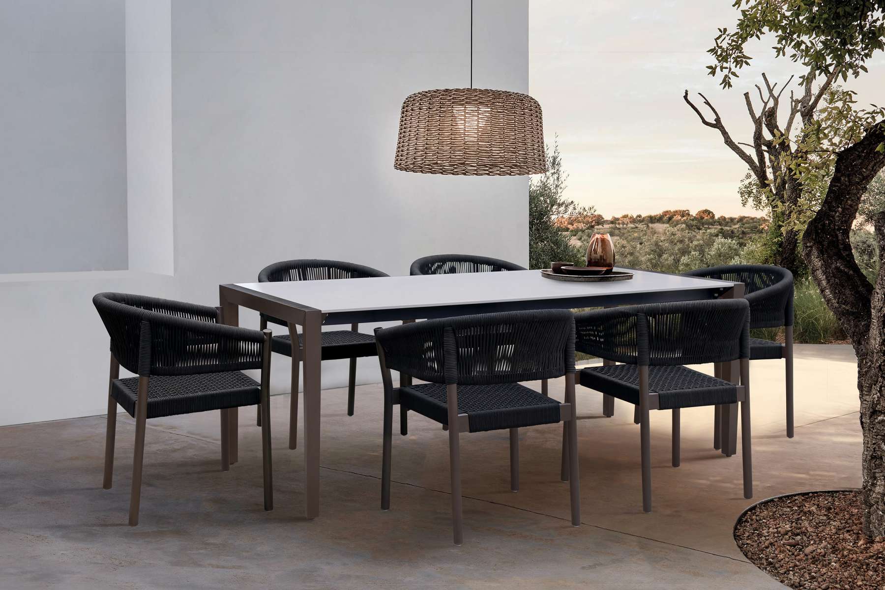 Fineline and Doris Indoor Outdoor 7 Piece Dining Set in Dark Eucalyptus Wood with Superstone and Black Rope By Armen Living