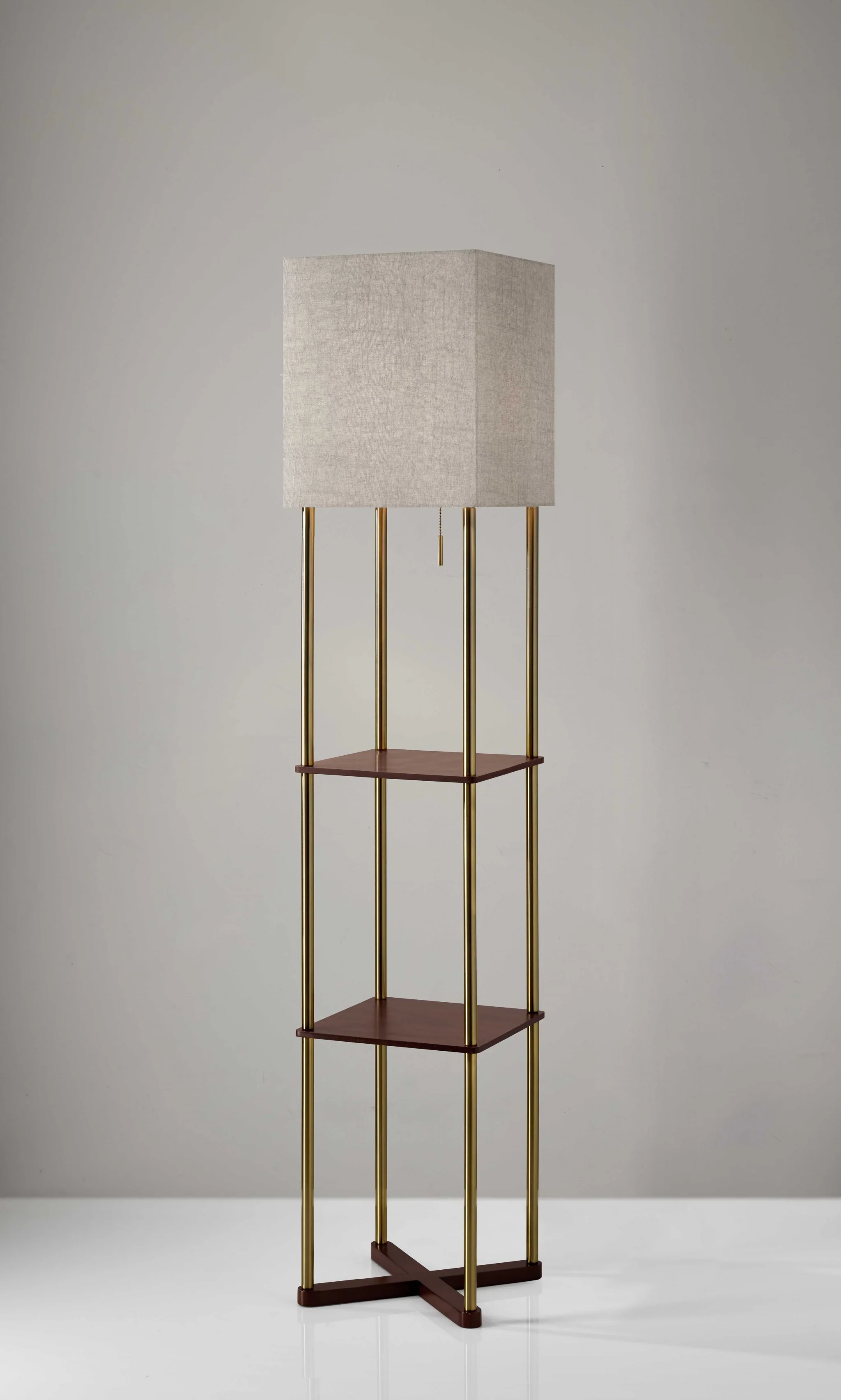 Floor Lamp with Antique Brass Poles and Walnut Wood Finish Storage Shelves with Two USB Ports By Homeroots