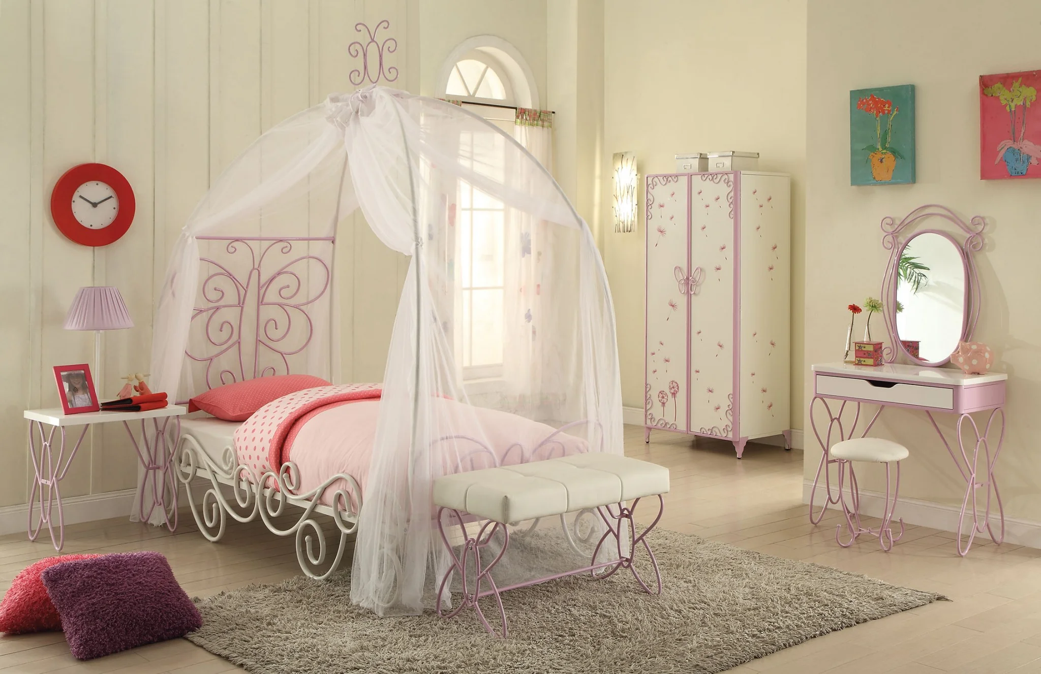 Full White And Light Purple Metal Tube Bed With Canopy By Homeroots