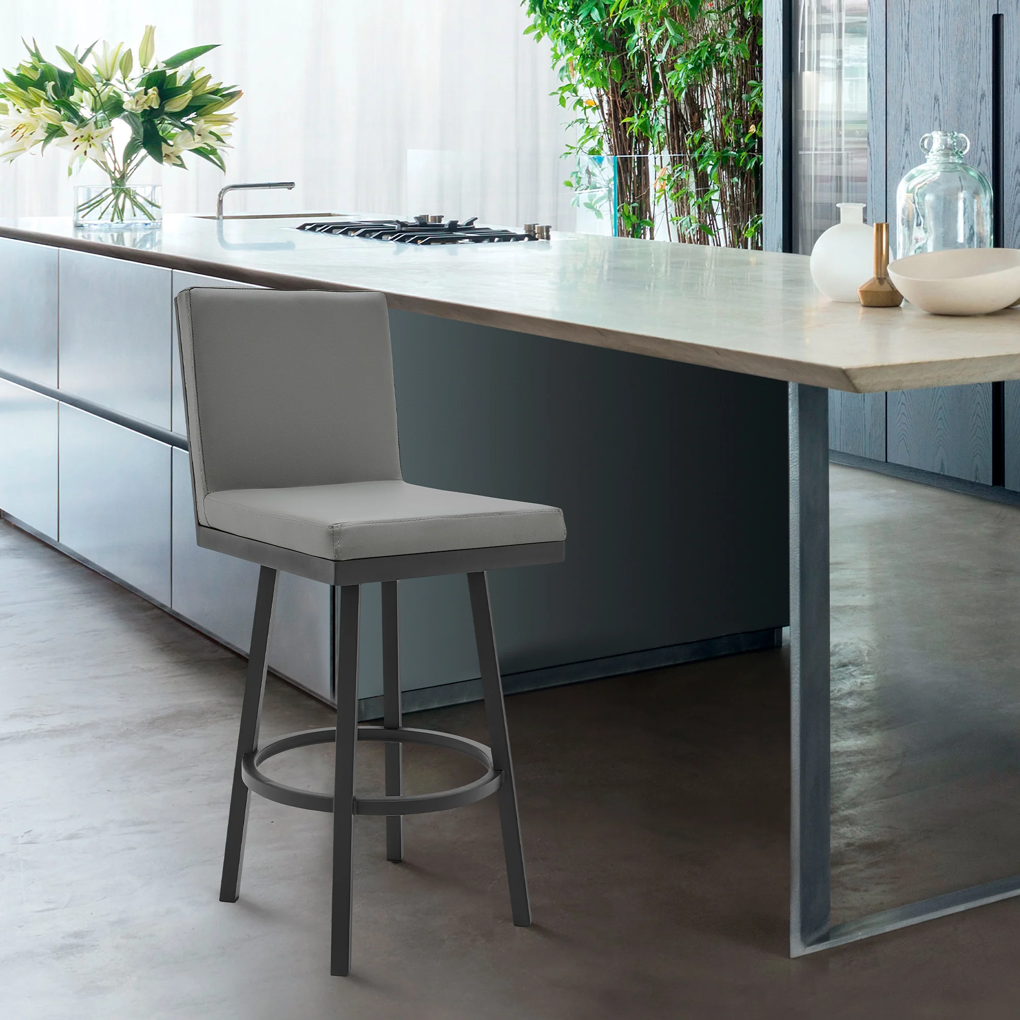 Gem Swivel Modern Black Metal and Gray Faux Leather Bar and Counter Stool By Armen Living