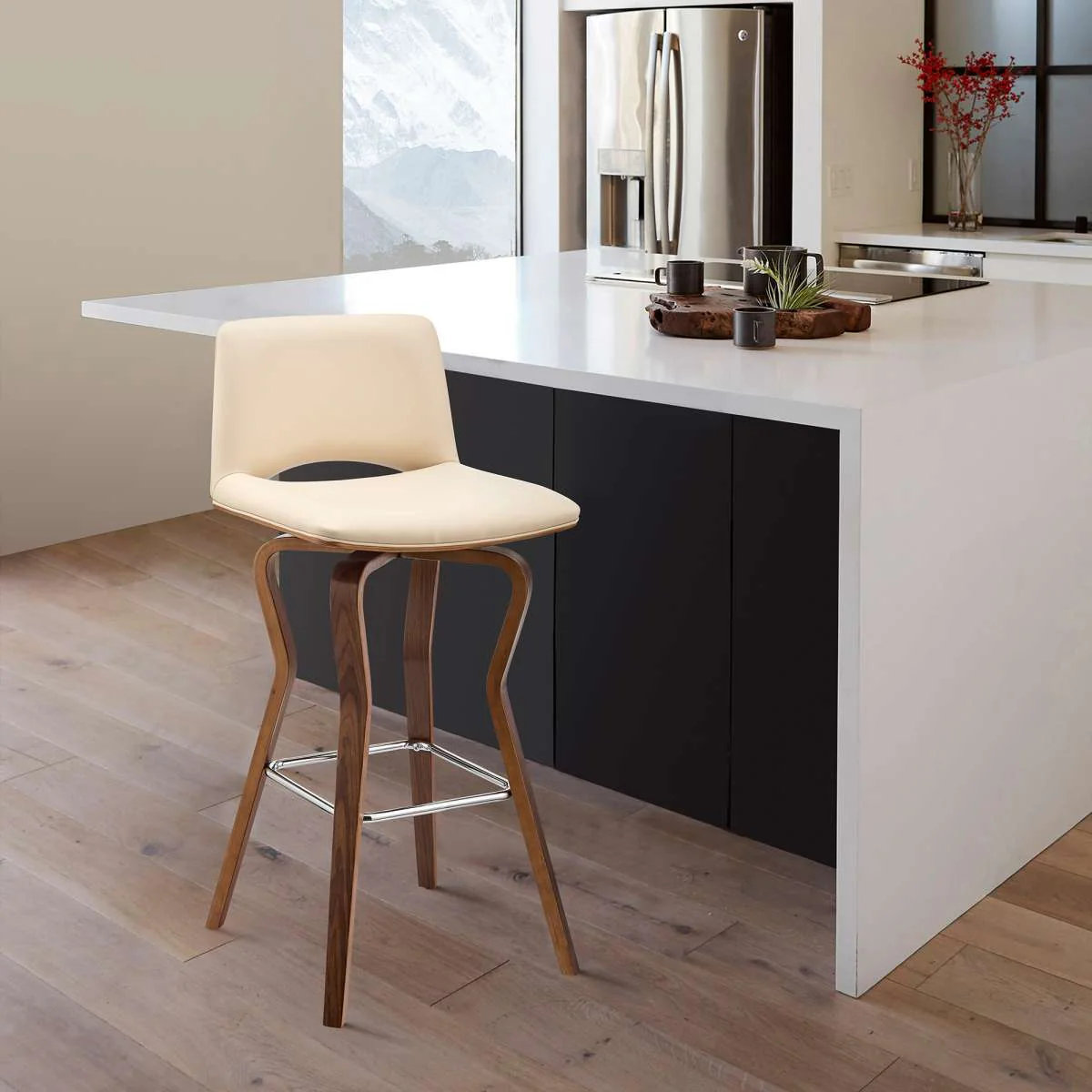 Gerty 30" Swivel Cream Faux Leather and Walnut Wood Bar Stool By Armen Living