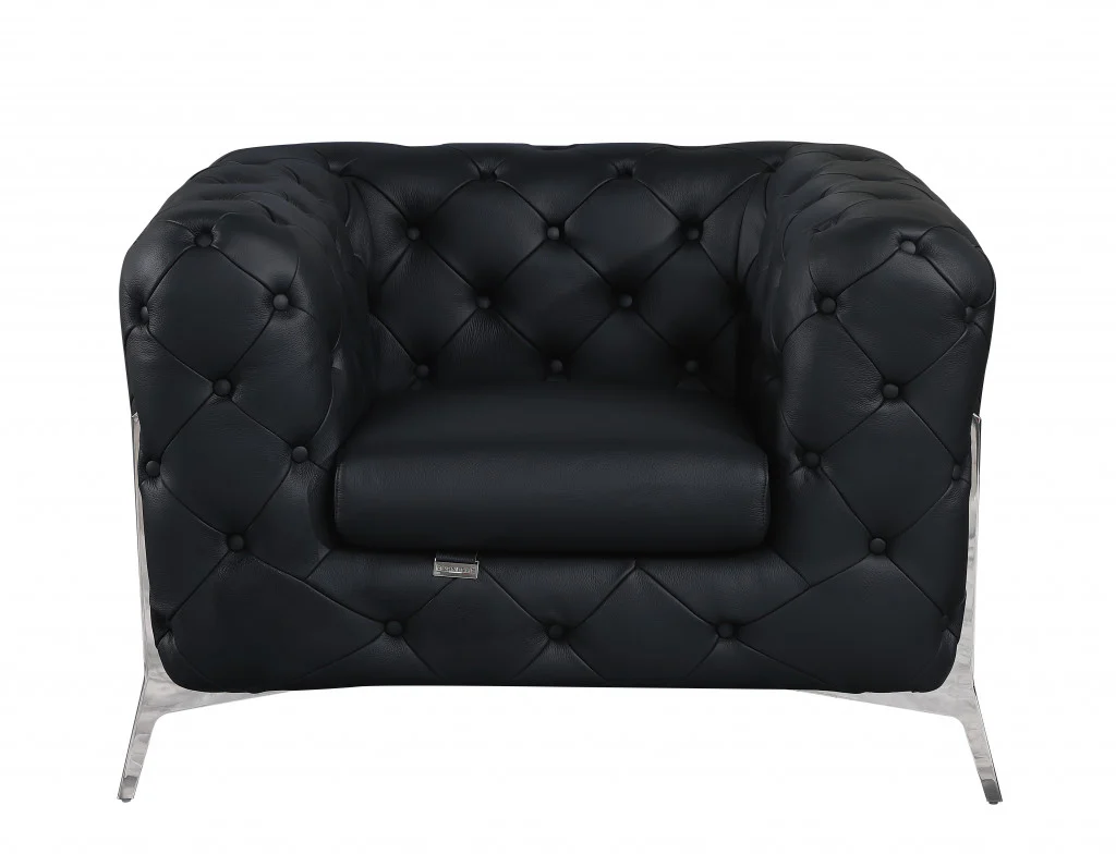 Glam Black and Chrome Tufted Leather Armchair By Homeroots