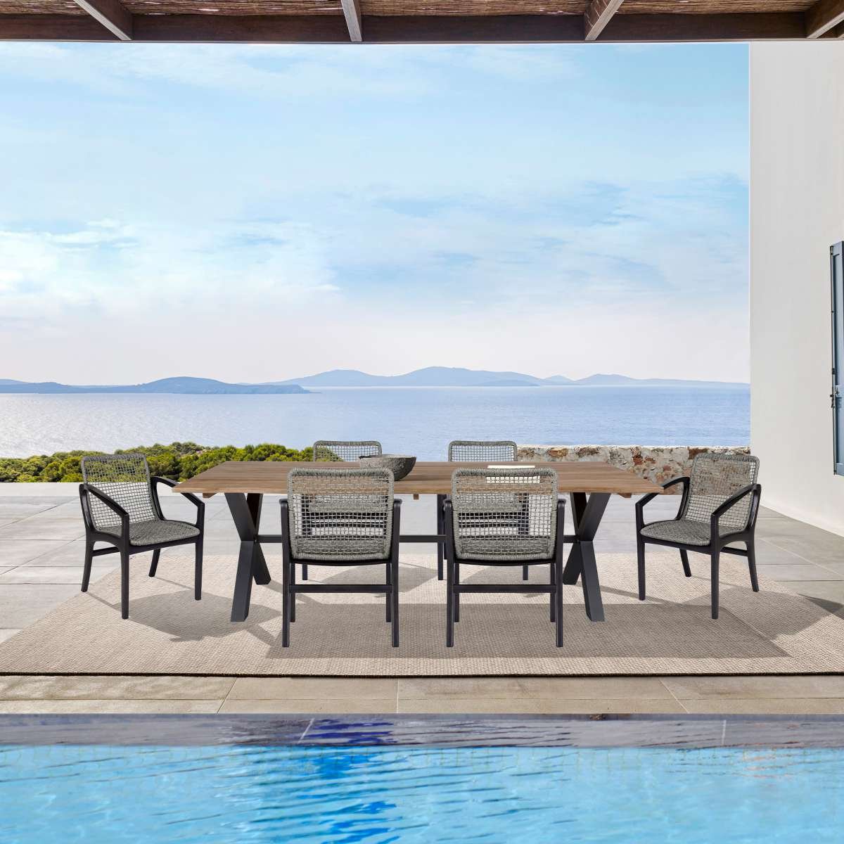 Glendora Beckham Outdoor Patio 7 Piece Live Edge Dining Set in Eucalyptus Wood and Gray Rope By Armen Living