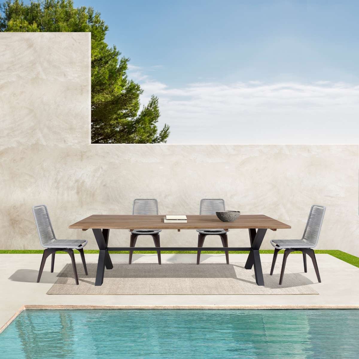 Glendora Island Outdoor Patio 5 Piece Live Edge Dining Set in Eucalyptus Wood and Silver Rope By Armen Living