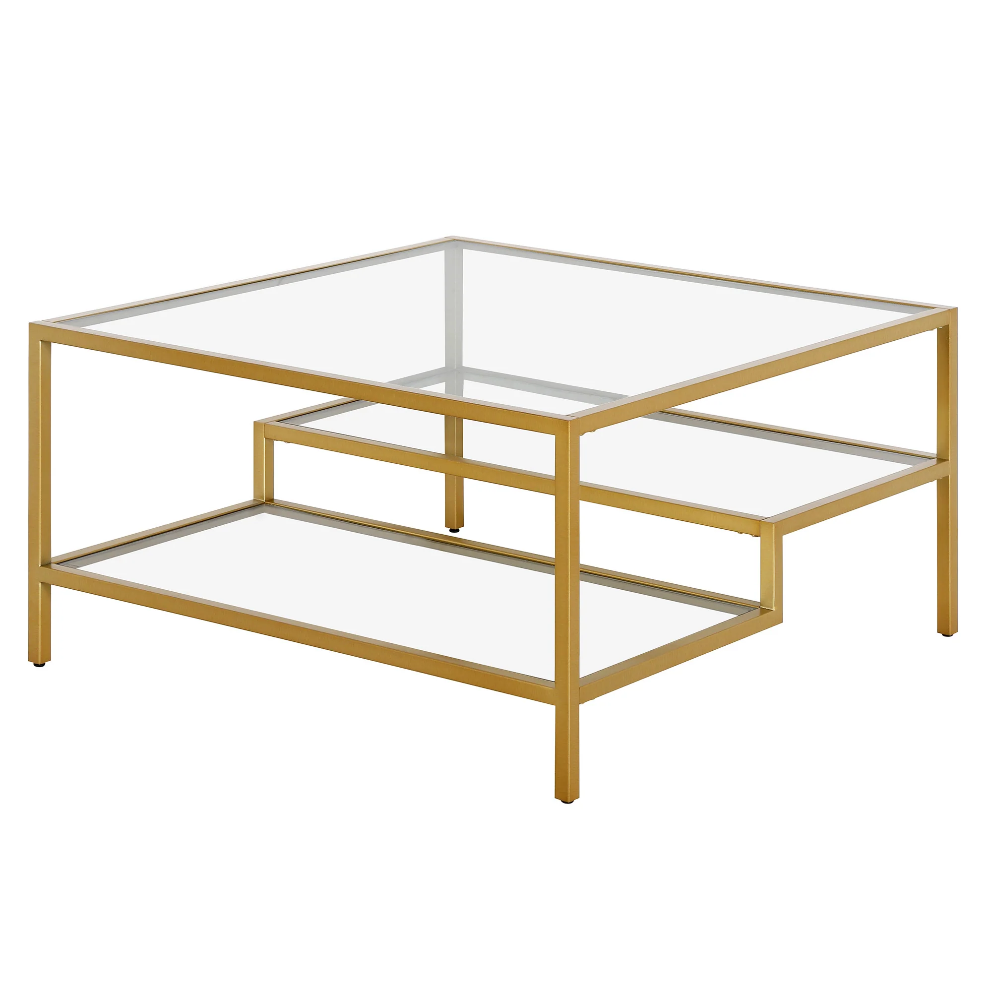 Gold Glass And Steel Square Coffee Table With Two Shelves By Homeroots