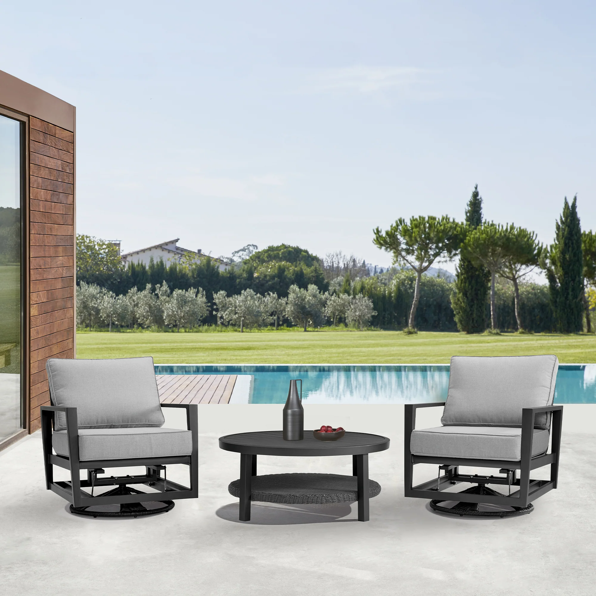 Grand 3 Piece Black Aluminum Outdoor Seating Set with Dark Gray Cushions By Armen Living