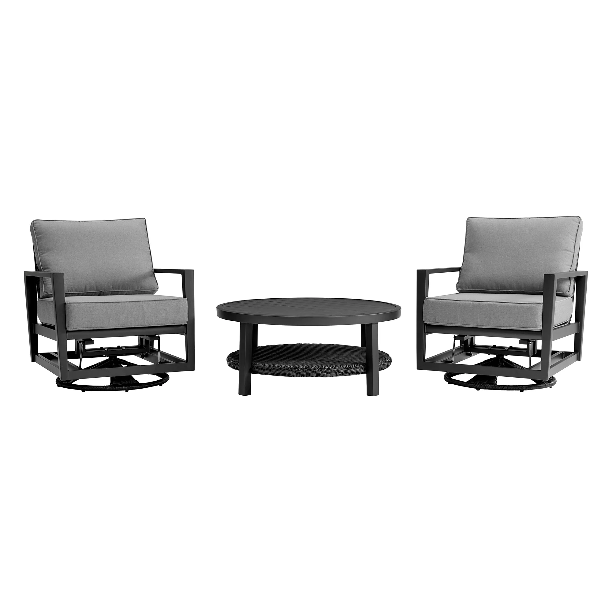 Grand 3 Piece Black Aluminum Outdoor Seating Set with Dark Gray Cushions By Armen Living - Image 2