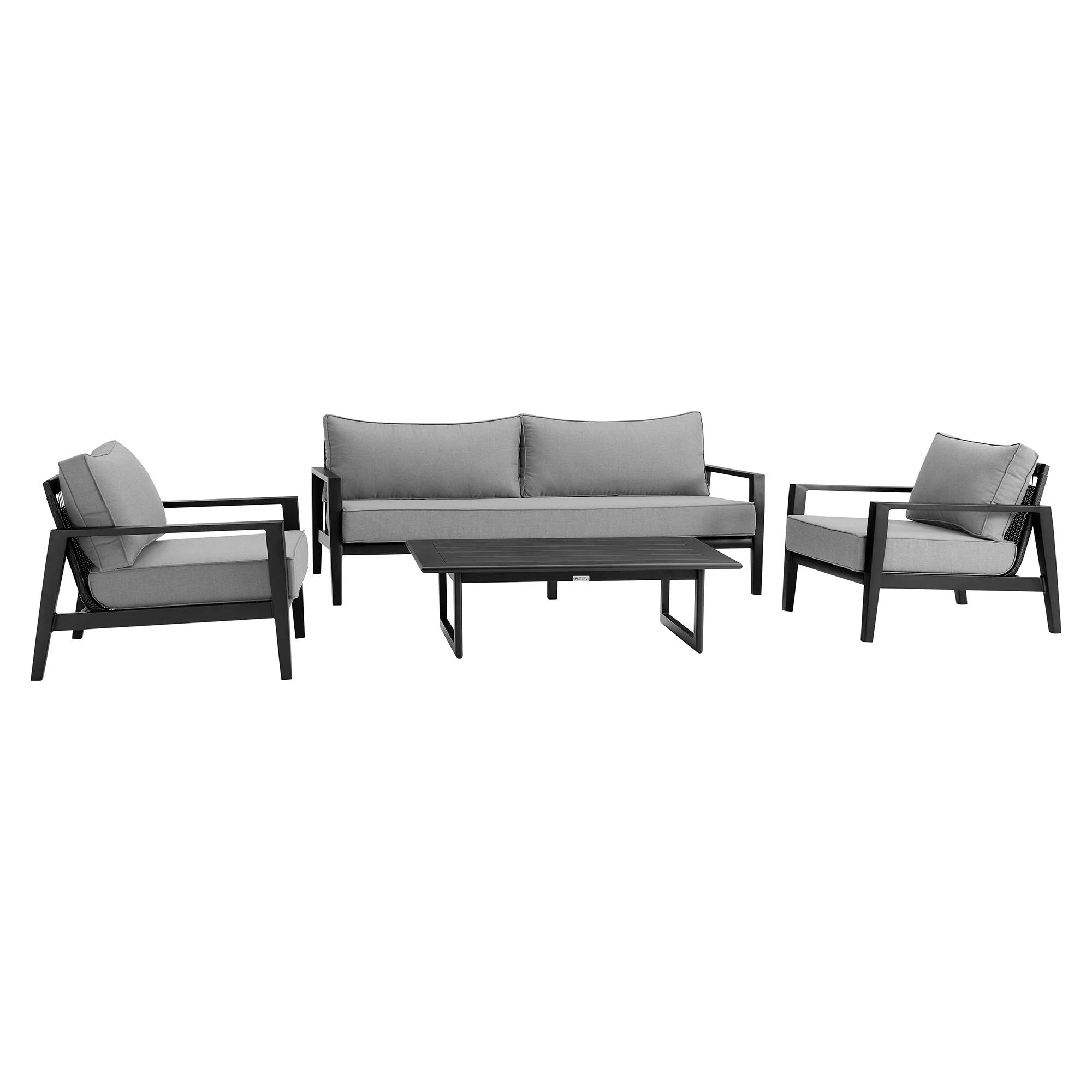 Grand 4 Piece Black Aluminum Outdoor Seating Set with Dark Gray Cushions By Armen Living - Image 2