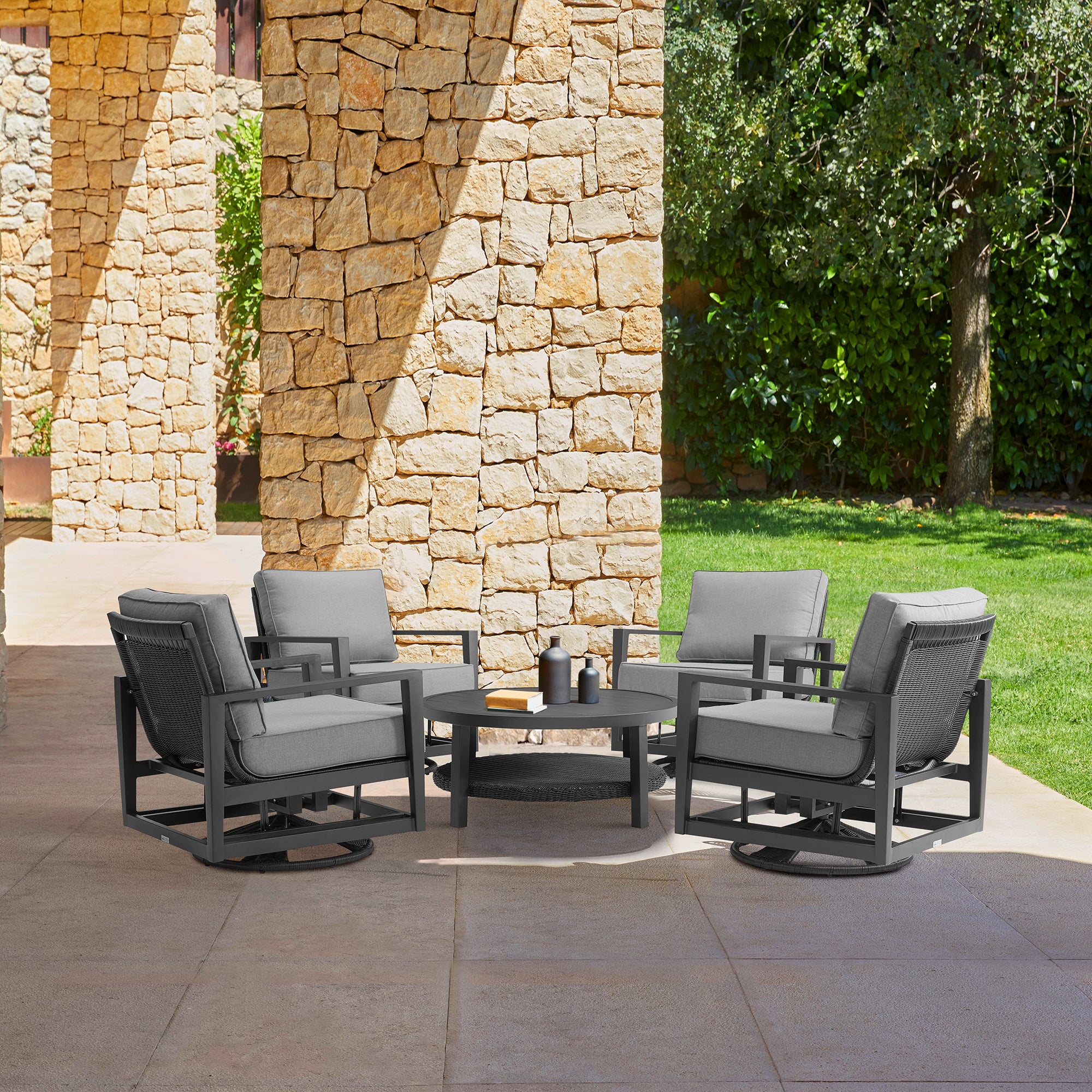 Grand Black Aluminum Outdoor Swivel Glider Chair with Dark Gray Cushions By Armen Living - Image 3