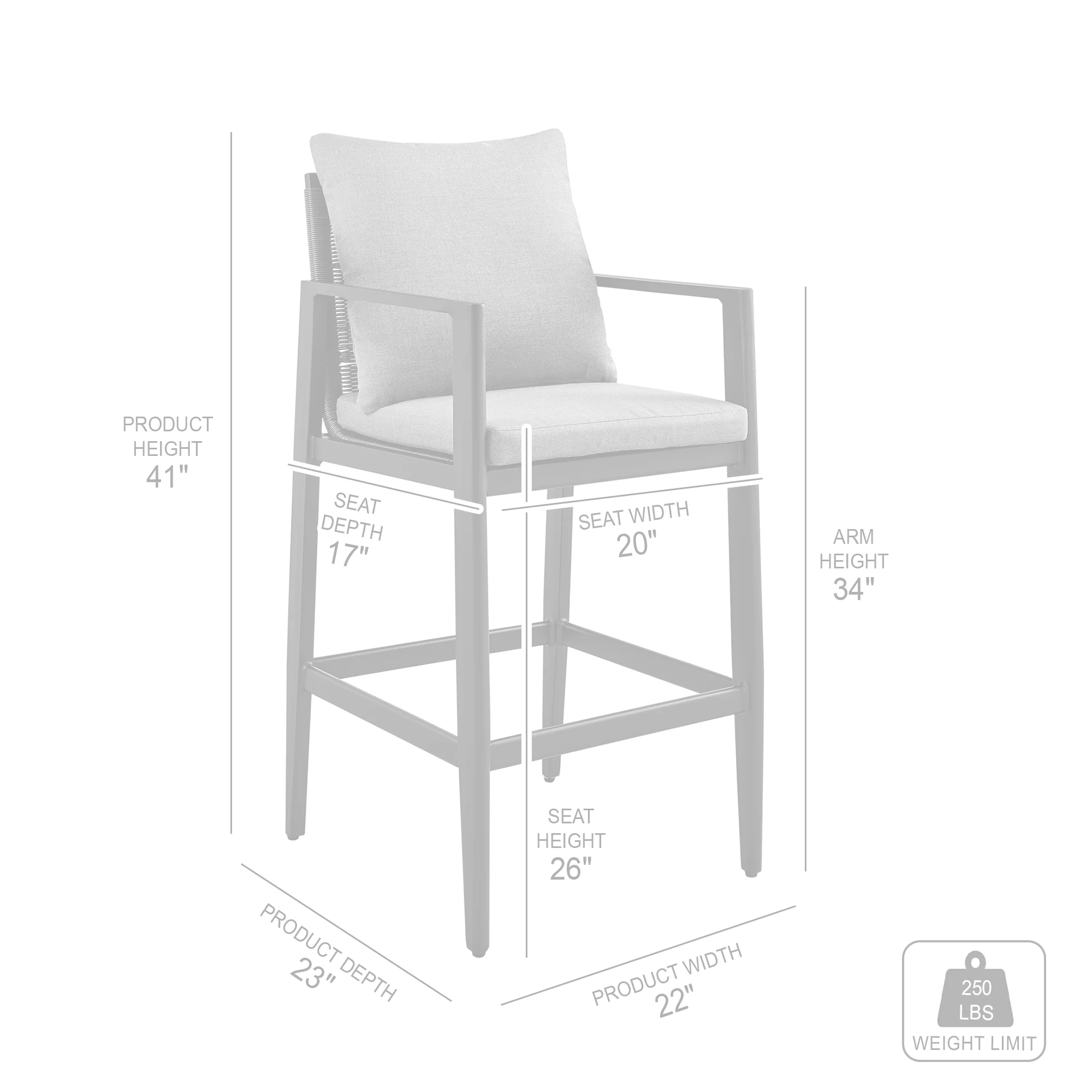 Grand Outdoor Patio Counter Height Bar Stool in Aluminum with Grey Cushions By Armen Living - Image 10