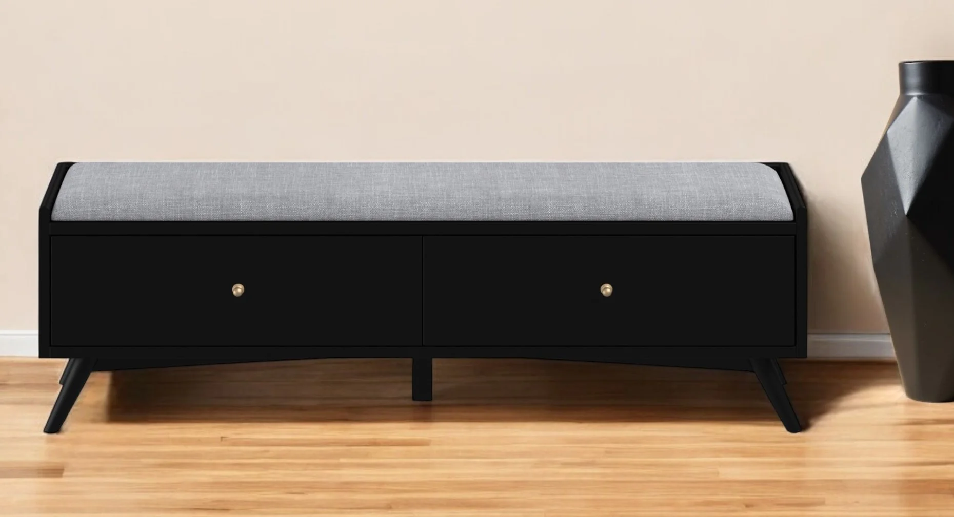 Gray and Black Fabric Upholstered Storage Bench with Drawers By Homeroots