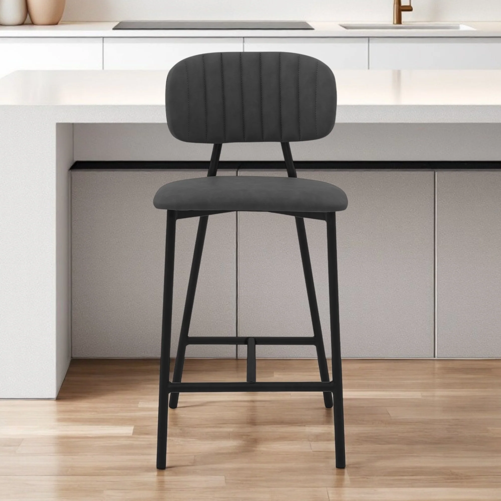 Gray and Black Faux Leather and Iron Low Back Counter Height Bar Chair By Homeroots