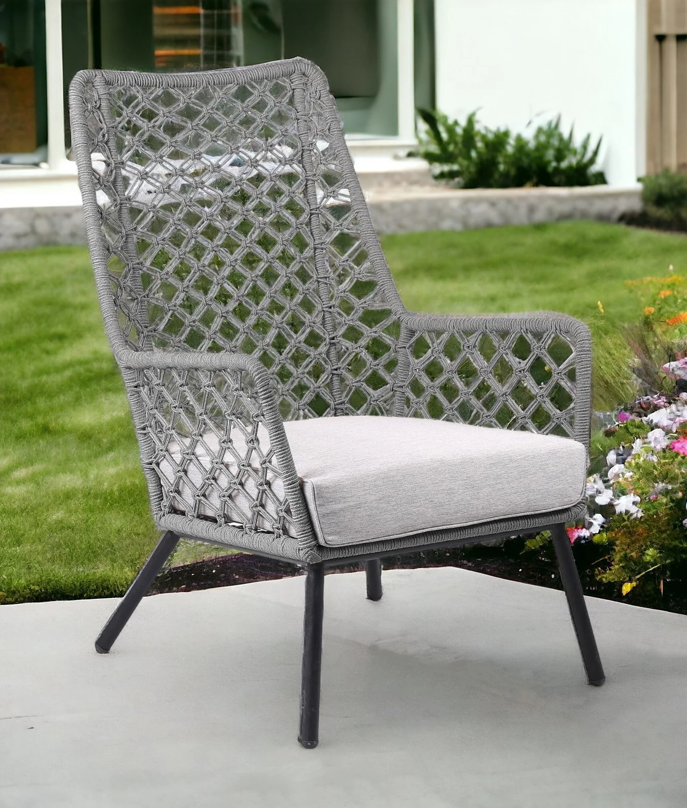 Gray and Black Steel Indoor Outdoor Dining Chair with Gray Cushion By Homeroots