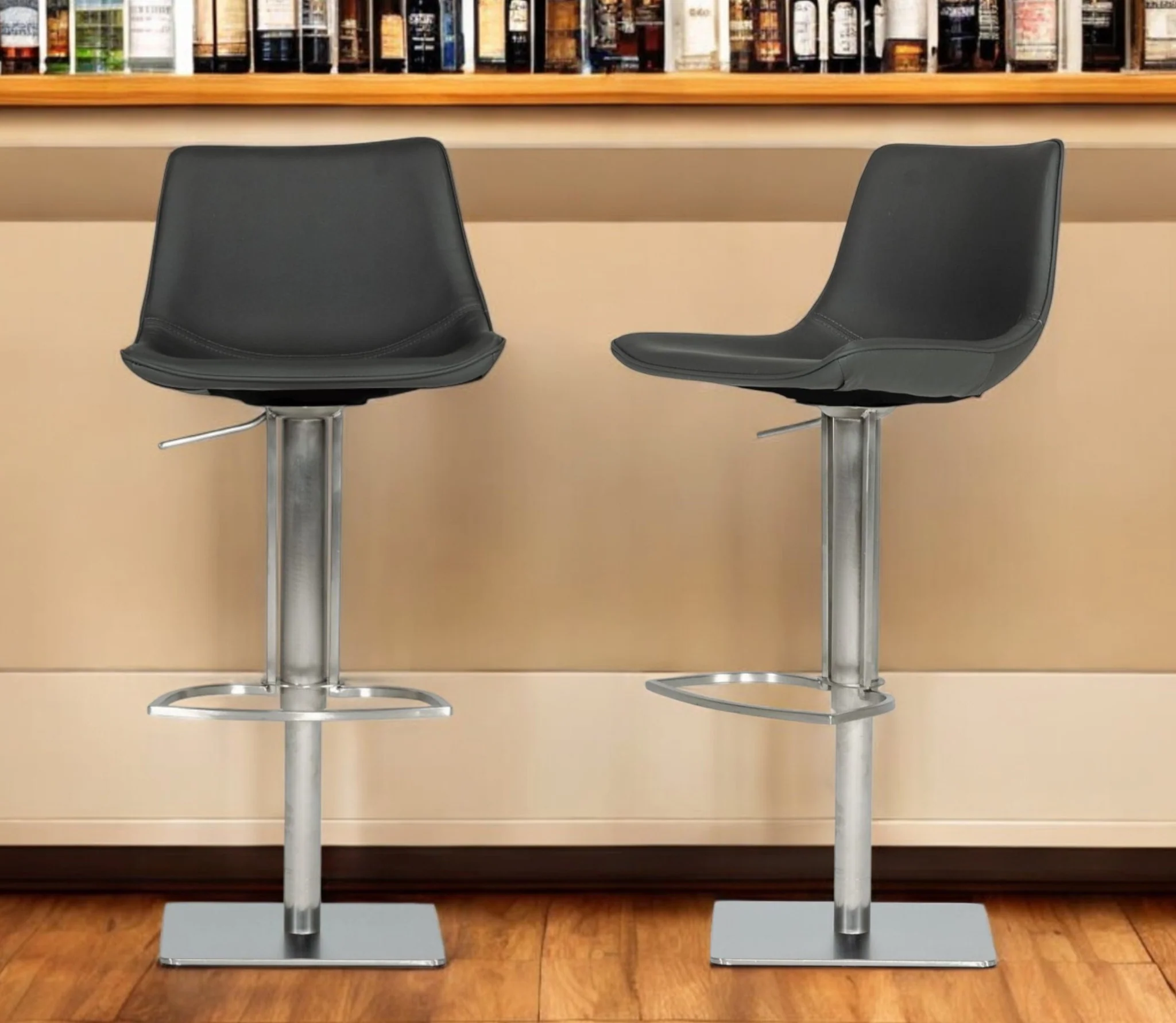 Gray And Silver Faux Leather And Stainless Steel Swivel Low Back Bar Height Bar Chair By Homeroots