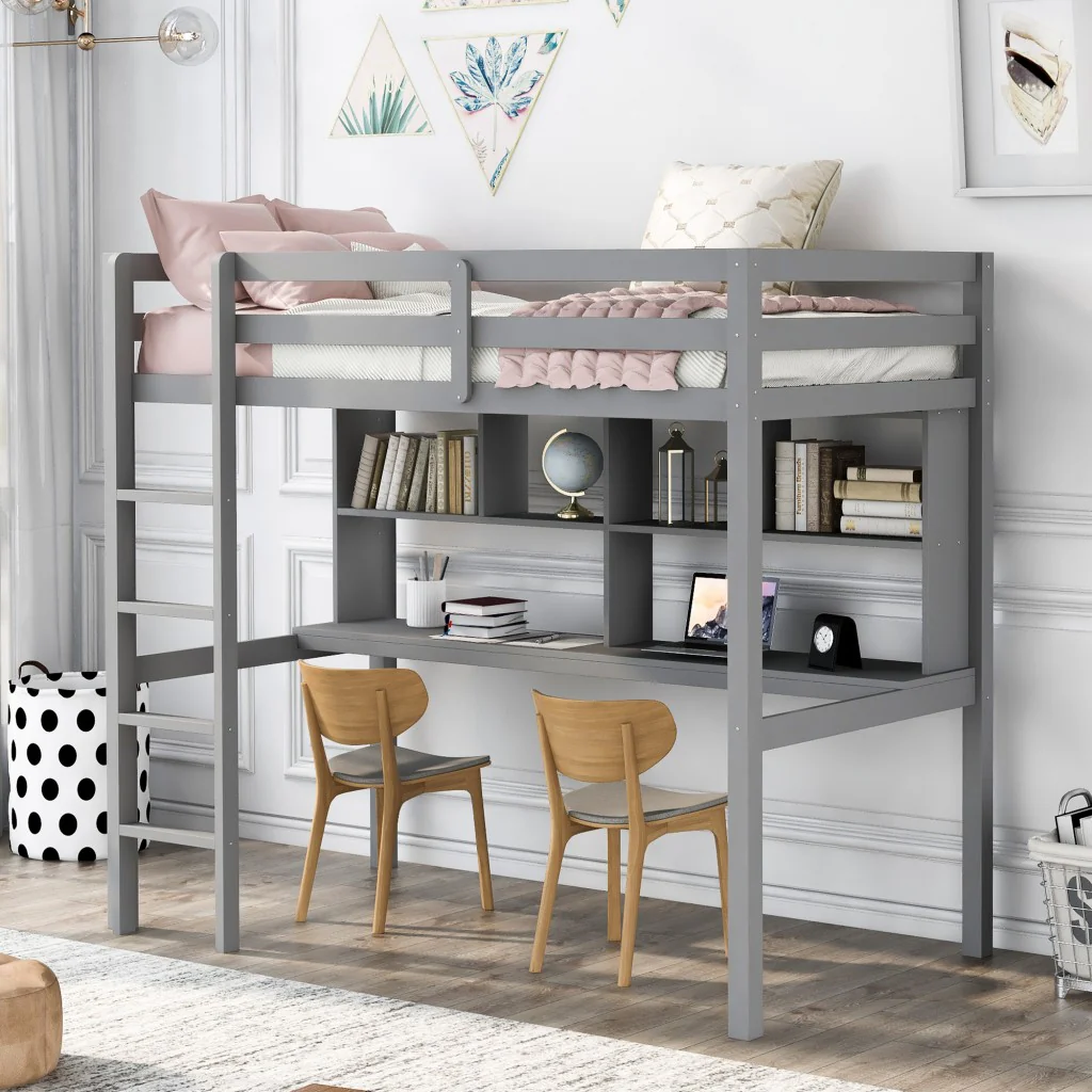 Gray Twin Loft Bed With Desk And Shelves By Homeroots