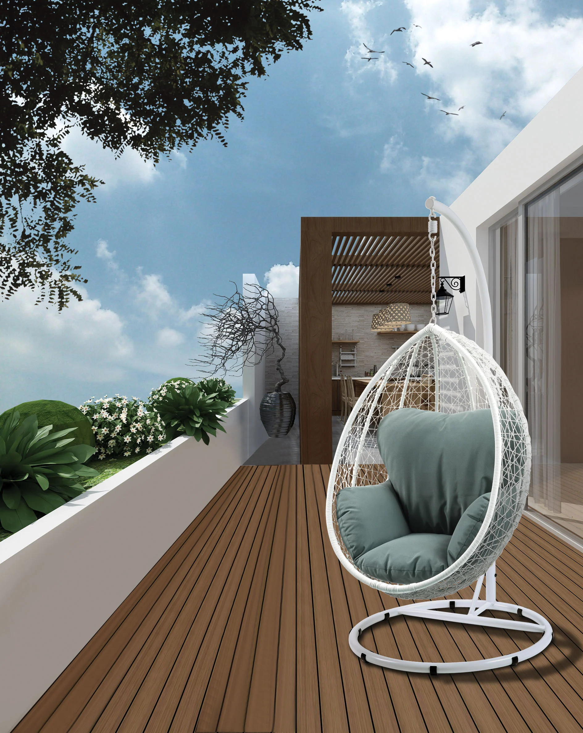 Green and White Hanging Pod Wicker Patio Swing Chair By Homeroots