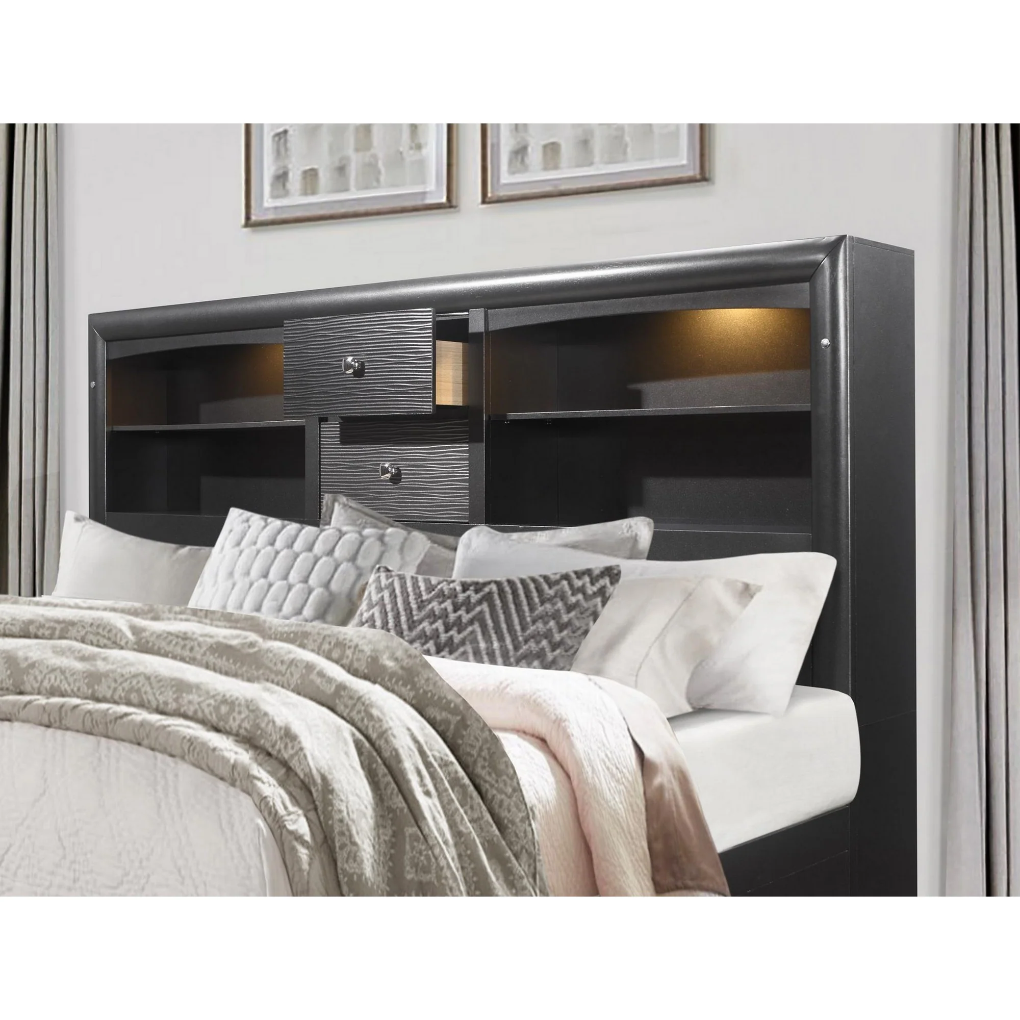 Grey Rubberwood Bed With Bookshelves Headboard Led Lightning 6 Drawers By Homeroots - 383798 - Image 4
