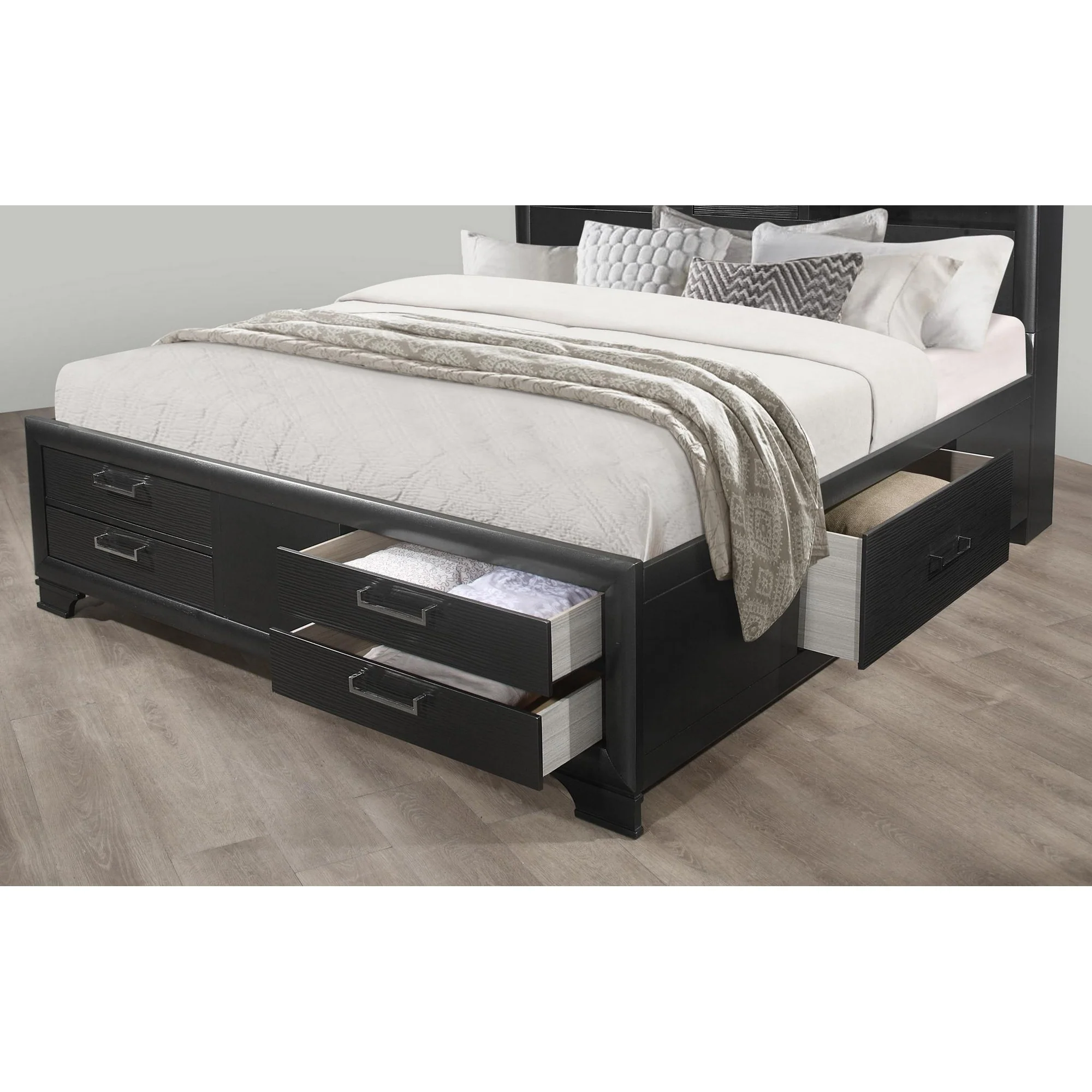 Grey Rubberwood Bed With Bookshelves Headboard Led Lightning 6 Drawers By Homeroots - 383798 - Image 5