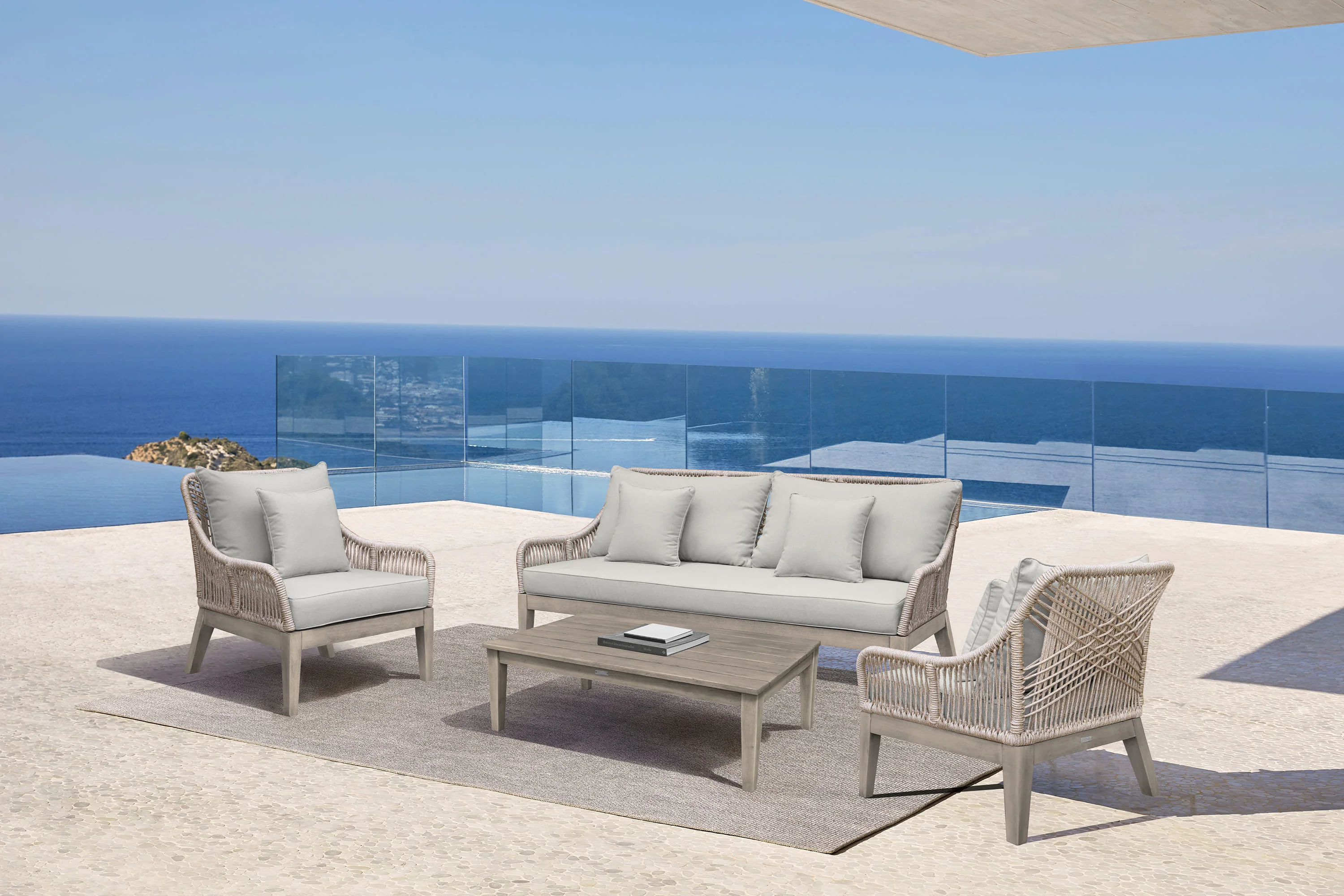 Hawaii 4 Piece Outdoor Patio Furniture Set in Acacia Wood and Rope with Grey Cushions By Armen Living