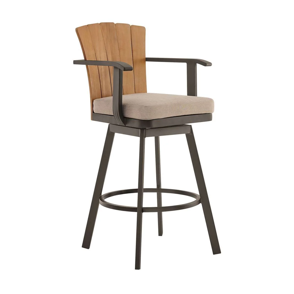 Hazel Outdoor Patio Swivel Counter Stool in Aluminum with Teak Wood and Brown Cushion By Armen Living - Image 2