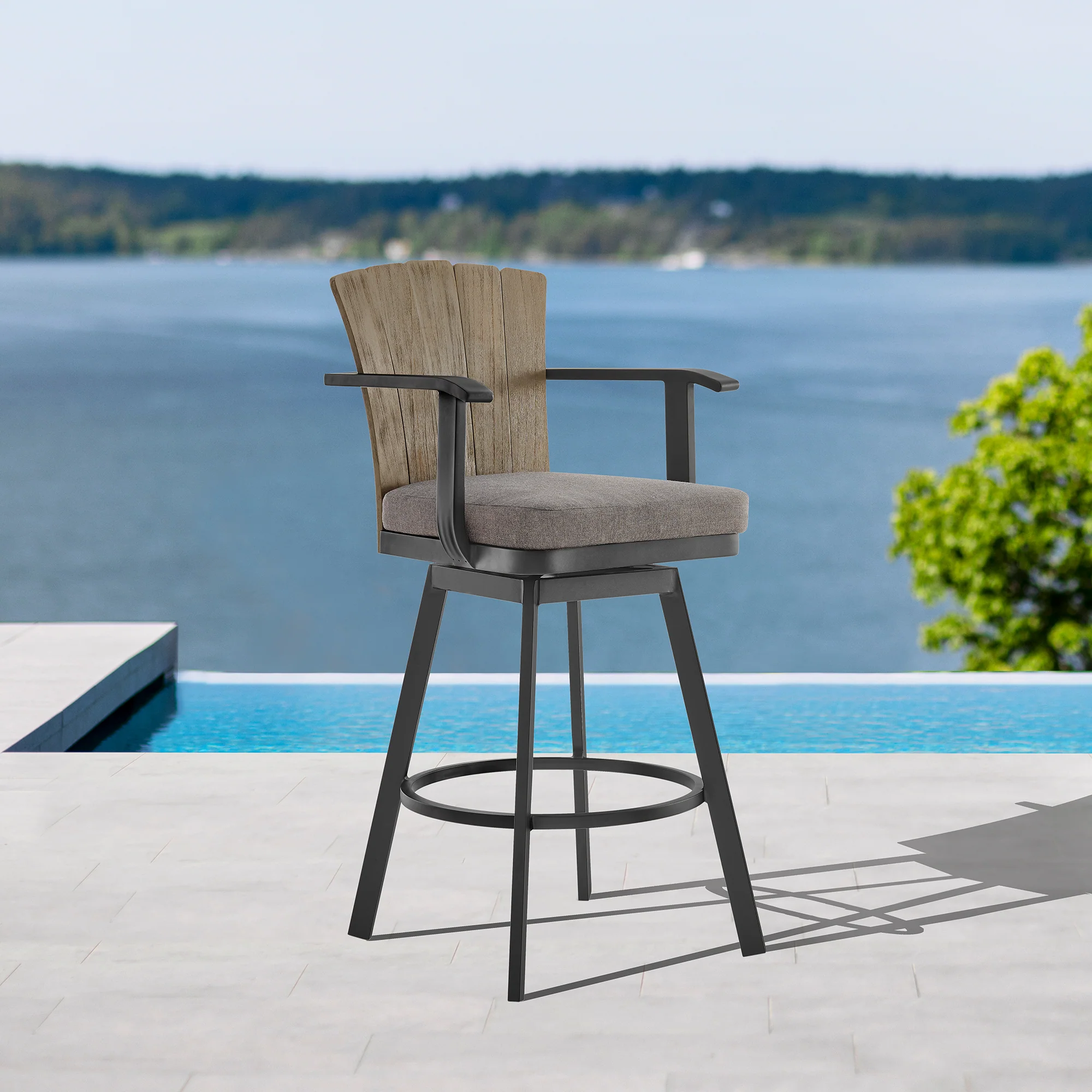 Hazel Outdoor Patio Swivel Counter Stool in Aluminum with Teak Wood and Charcoal Cushion By Armen Living