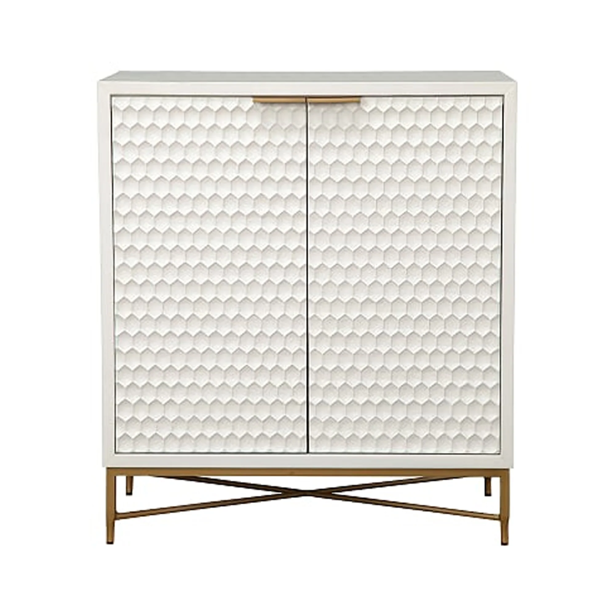 Honeycomb Design 2 Door Bar Cabinet With Metal Legs, White By Benzara