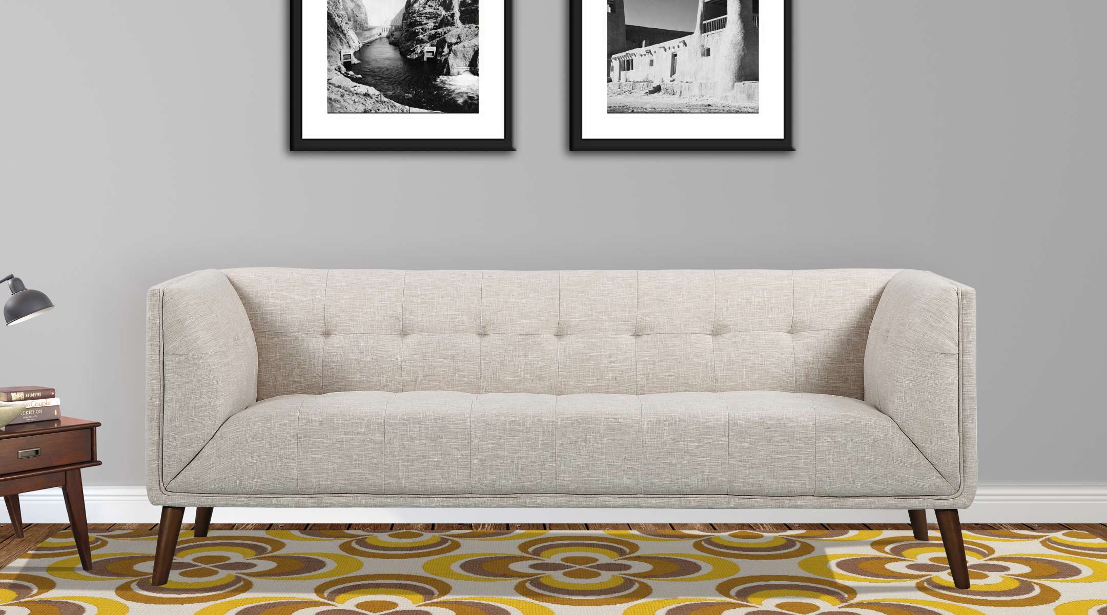 Hudson Mid-Century Button-Tufted Sofa in Beige Linen and Walnut Legs By Armen Living