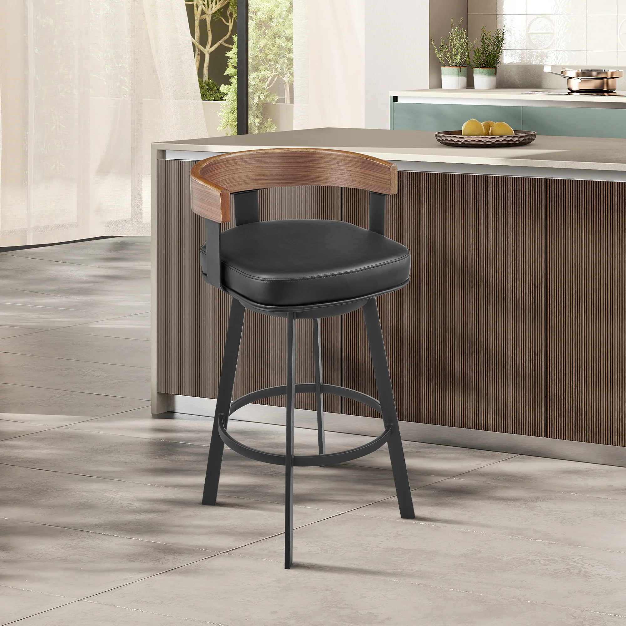Idris 26" Swivel Counter Stool in Black Iron with Walnut Finish and Vintage Black Faux Leather By Armen Living