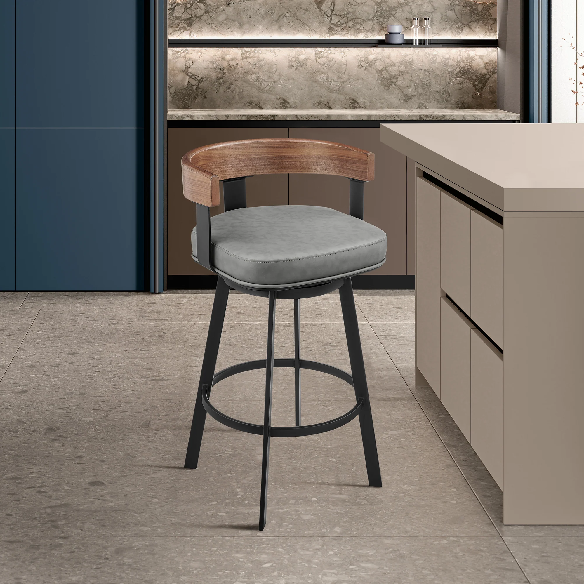 Idris 26" Swivel Counter Stool in Black Iron with Walnut Finish and Vintage Gray Faux Leather By Armen Living