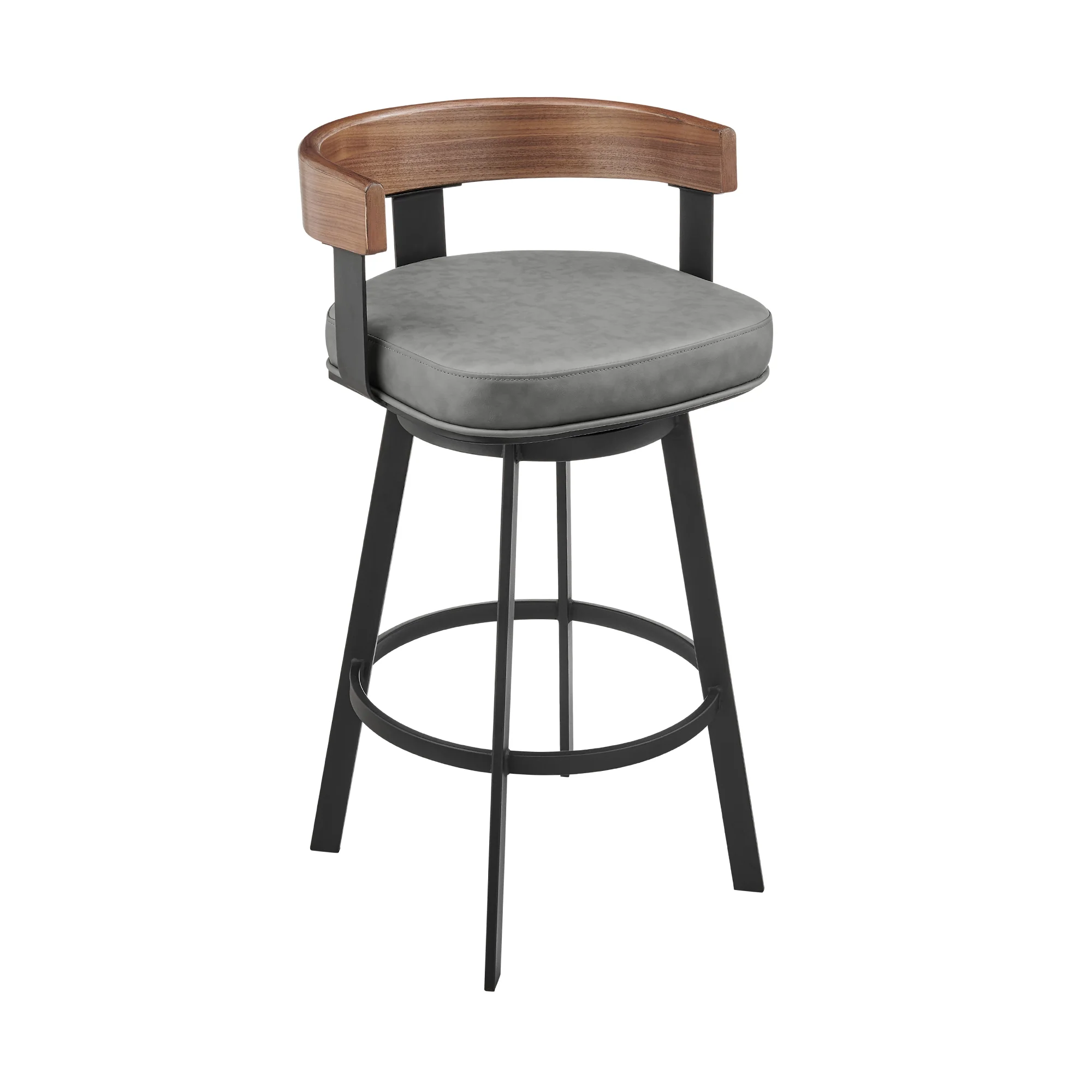 Idris 26" Swivel Counter Stool in Black Iron with Walnut Finish and Vintage Gray Faux Leather By Armen Living - Image 2