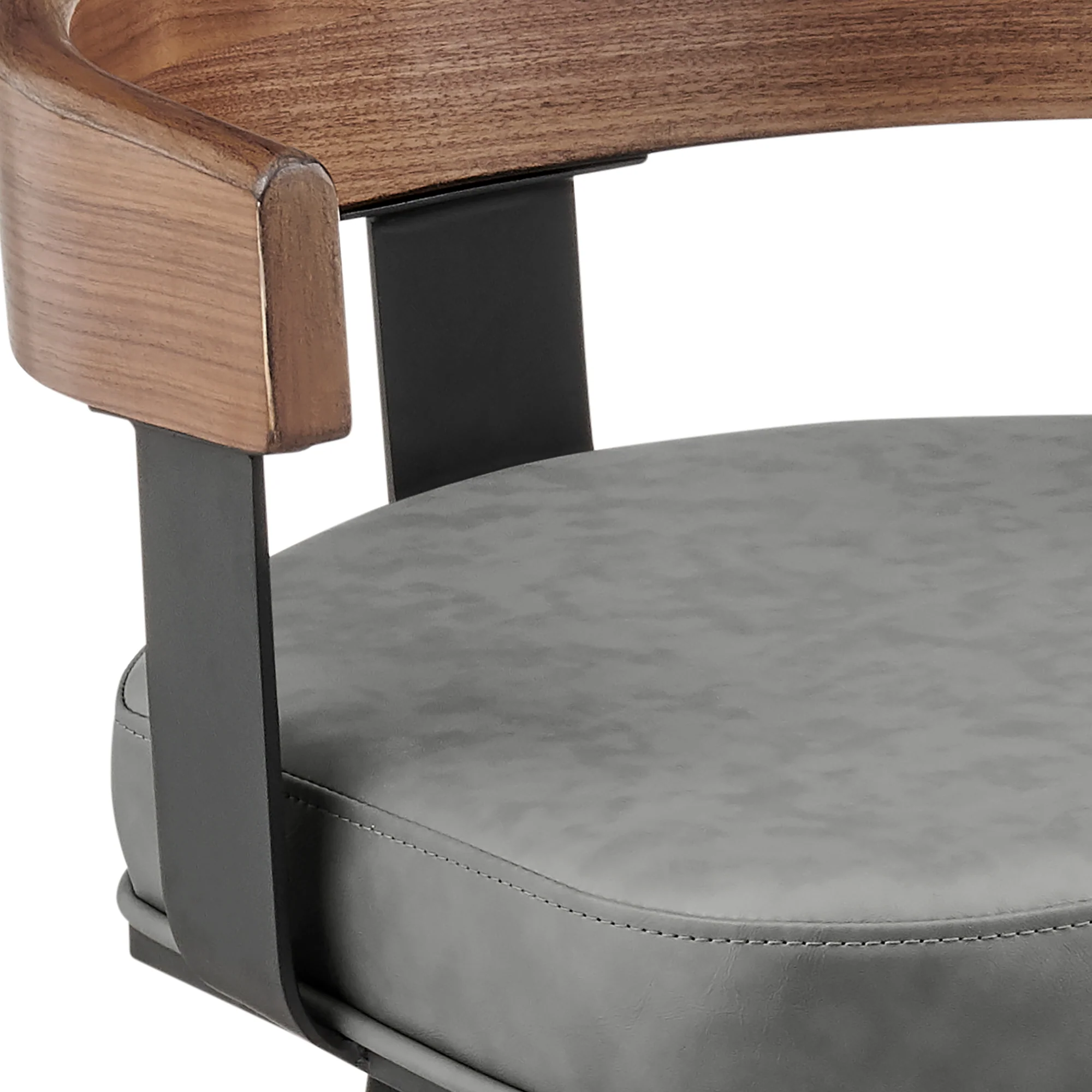 Idris 26" Swivel Counter Stool in Black Iron with Walnut Finish and Vintage Gray Faux Leather By Armen Living - Image 7