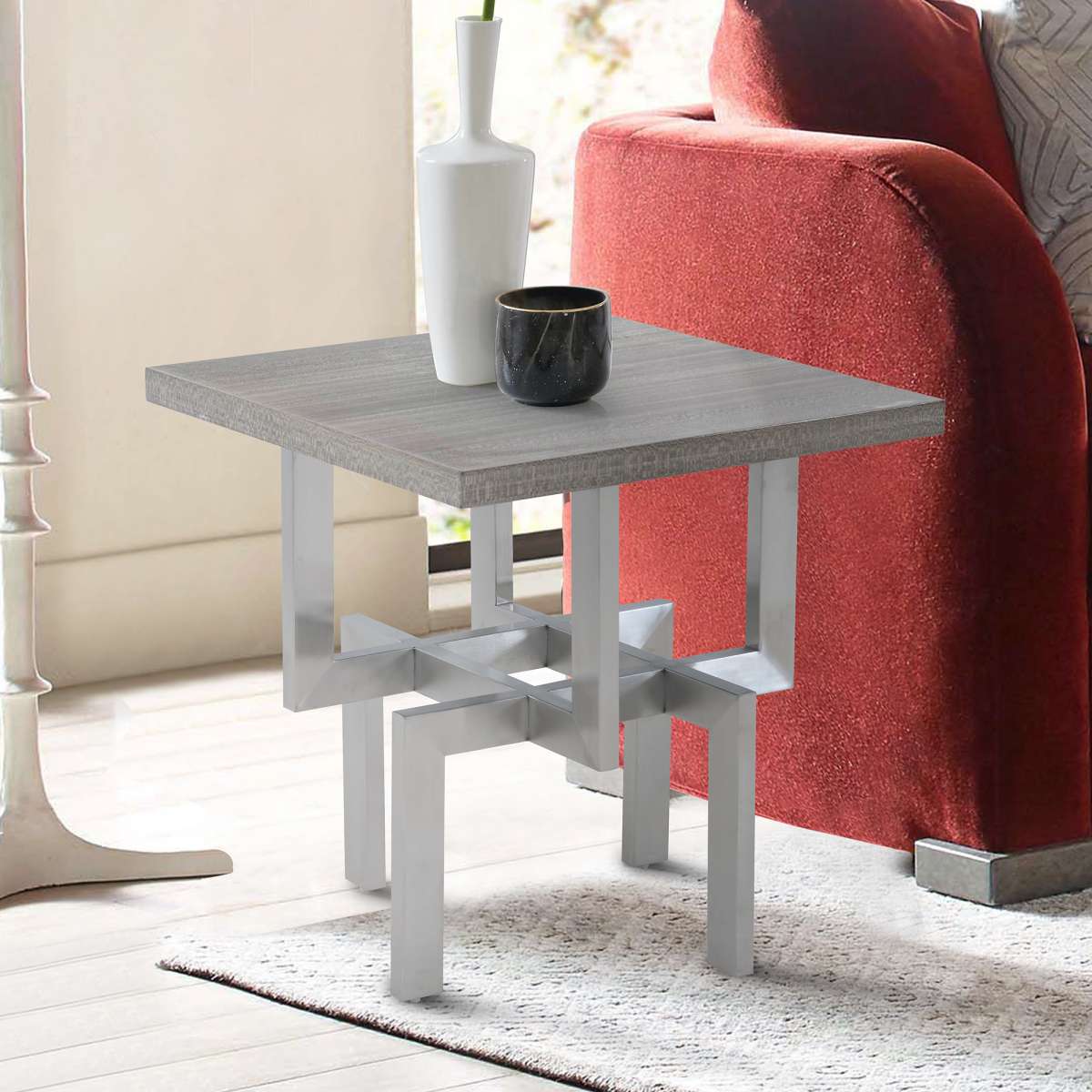 Illusion Gray Wood End Table with Brushed Stainless Steel Base By Armen Living