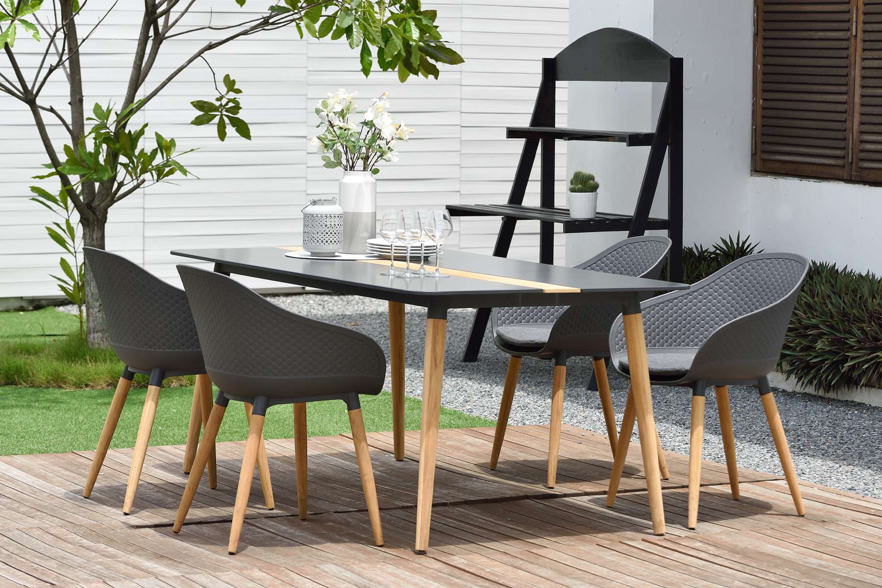 Ipanema Outdoor Aluminum Dining Table in Dark Grey with Natural Teak Wood Accent By Armen Living