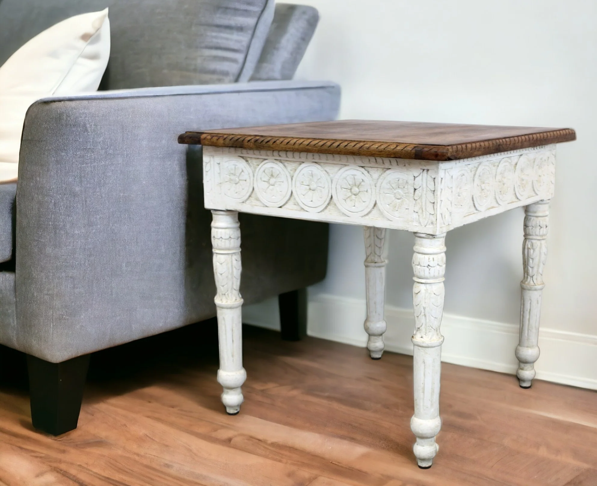 Ivory And Brown Distressed Solid Wood Square End Table By Homeroots