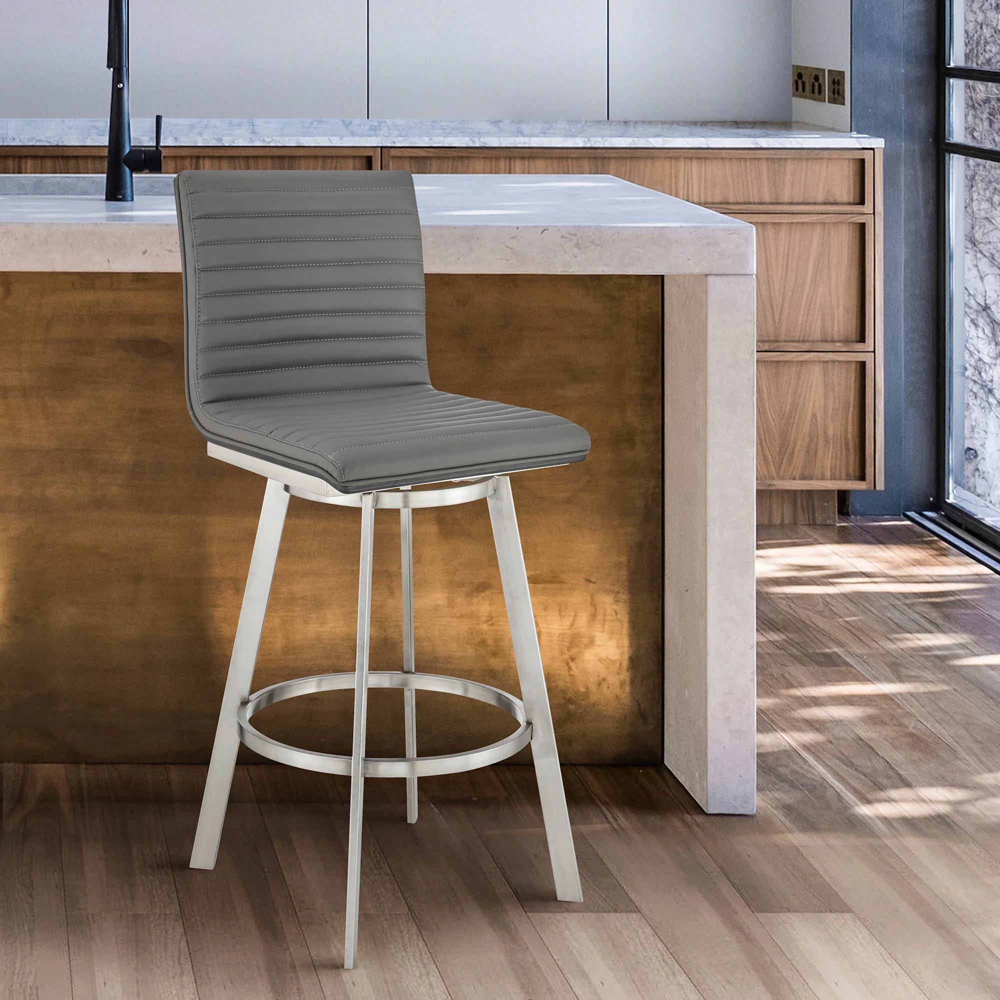 Jermaine 26" Counter Swivel Bar Stool in Brushed Stainless Steel Finish and Gray Faux Leather By Armen Living