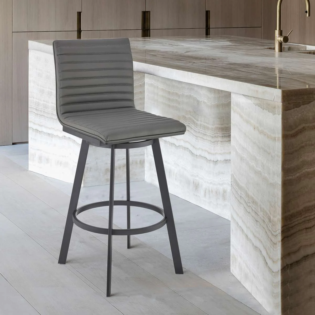 Jermaine 30" Bar Height Swivel Bar Stool in Matt Black Finish with Gray Faux Leather By Armen Living