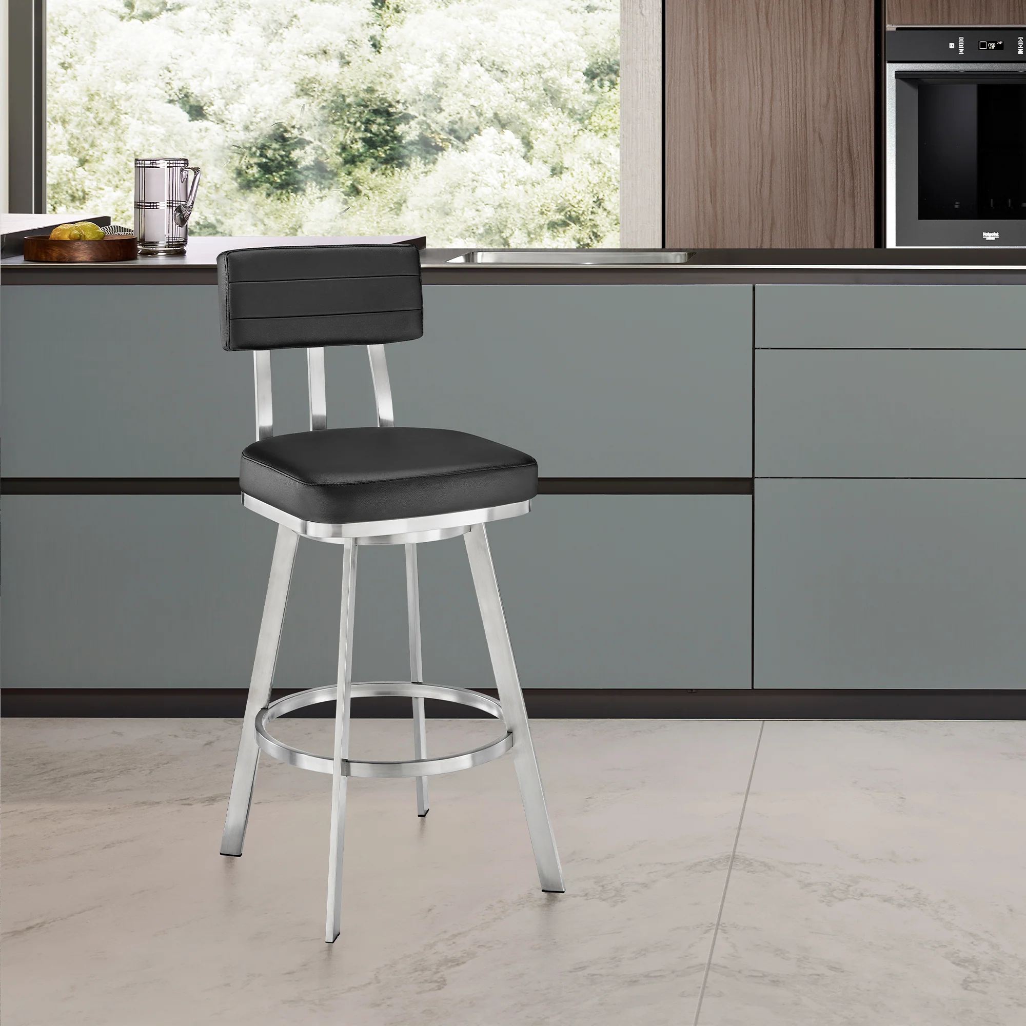 Jinab Swivel Bar Stool in Brushed Stainless Steel with Black Faux Leather By Armen Living