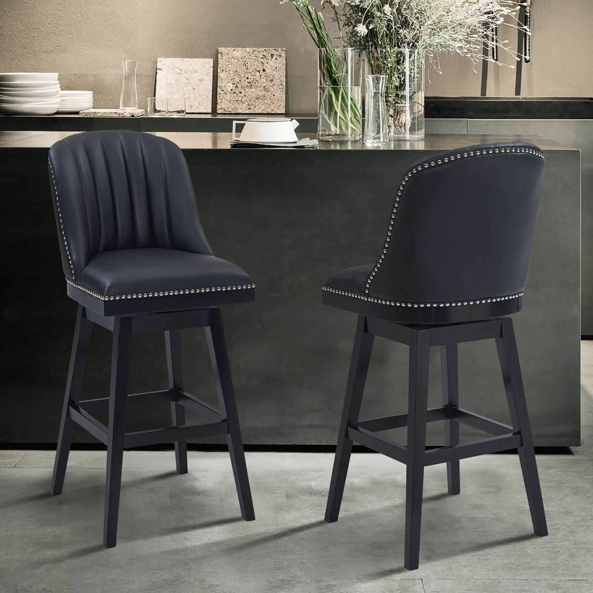 Journey 26" Counter Height Swivel Black Faux Leather and Black Wood Bar Stool By Armen Living