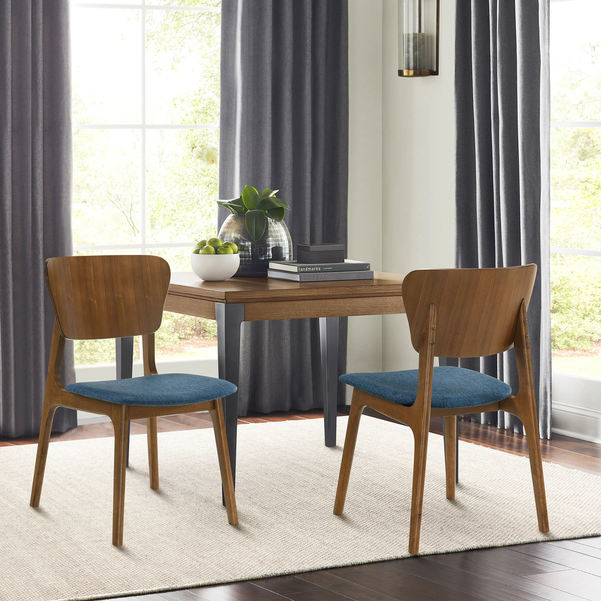 Kalia Wood Dining Chair in Walnut Finish with Blue Fabric - Set of 2 By Armen Living