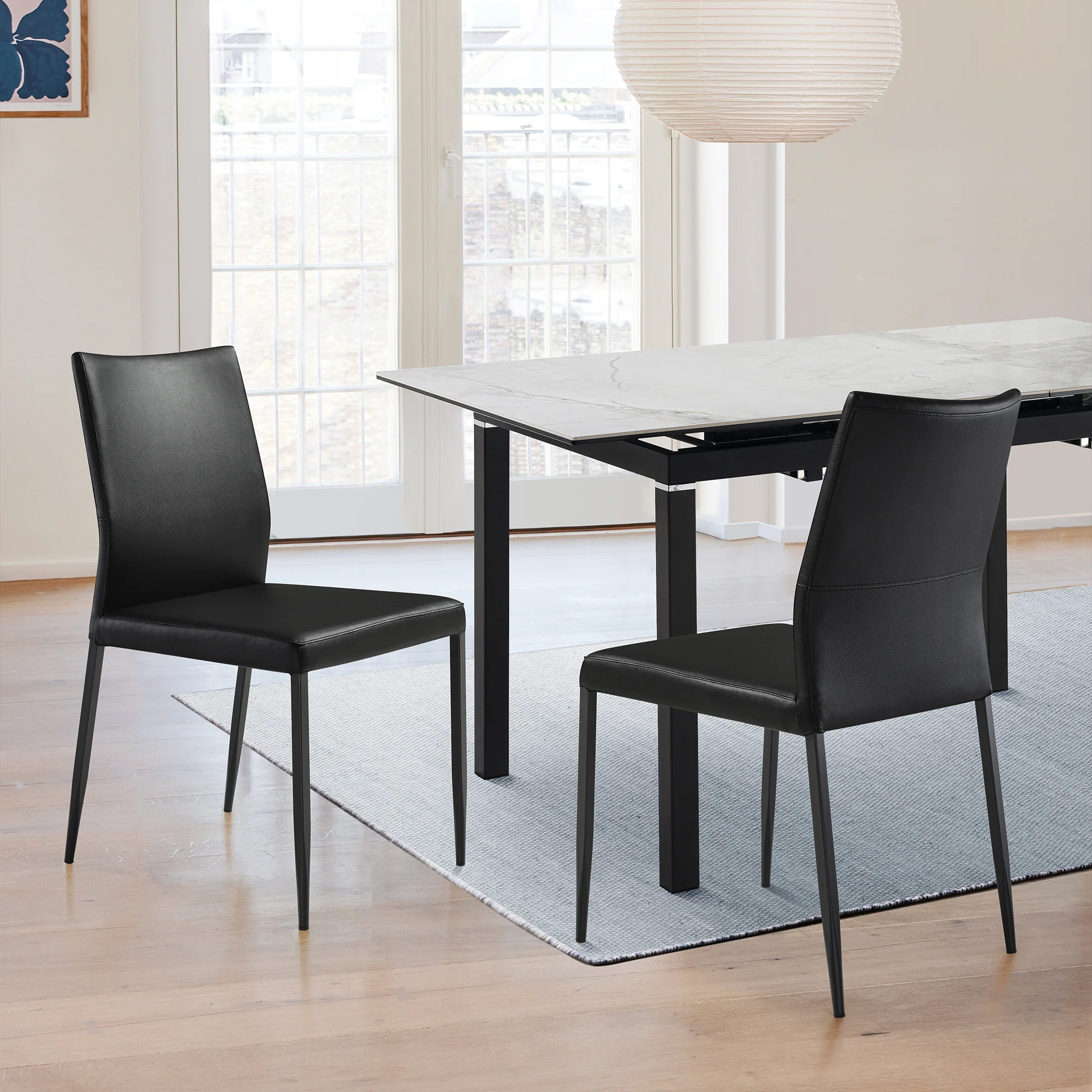 Kash Upholstered Dining Chair in Black Faux Leather with Black Metal Legs - Set of 2 By Armen Living