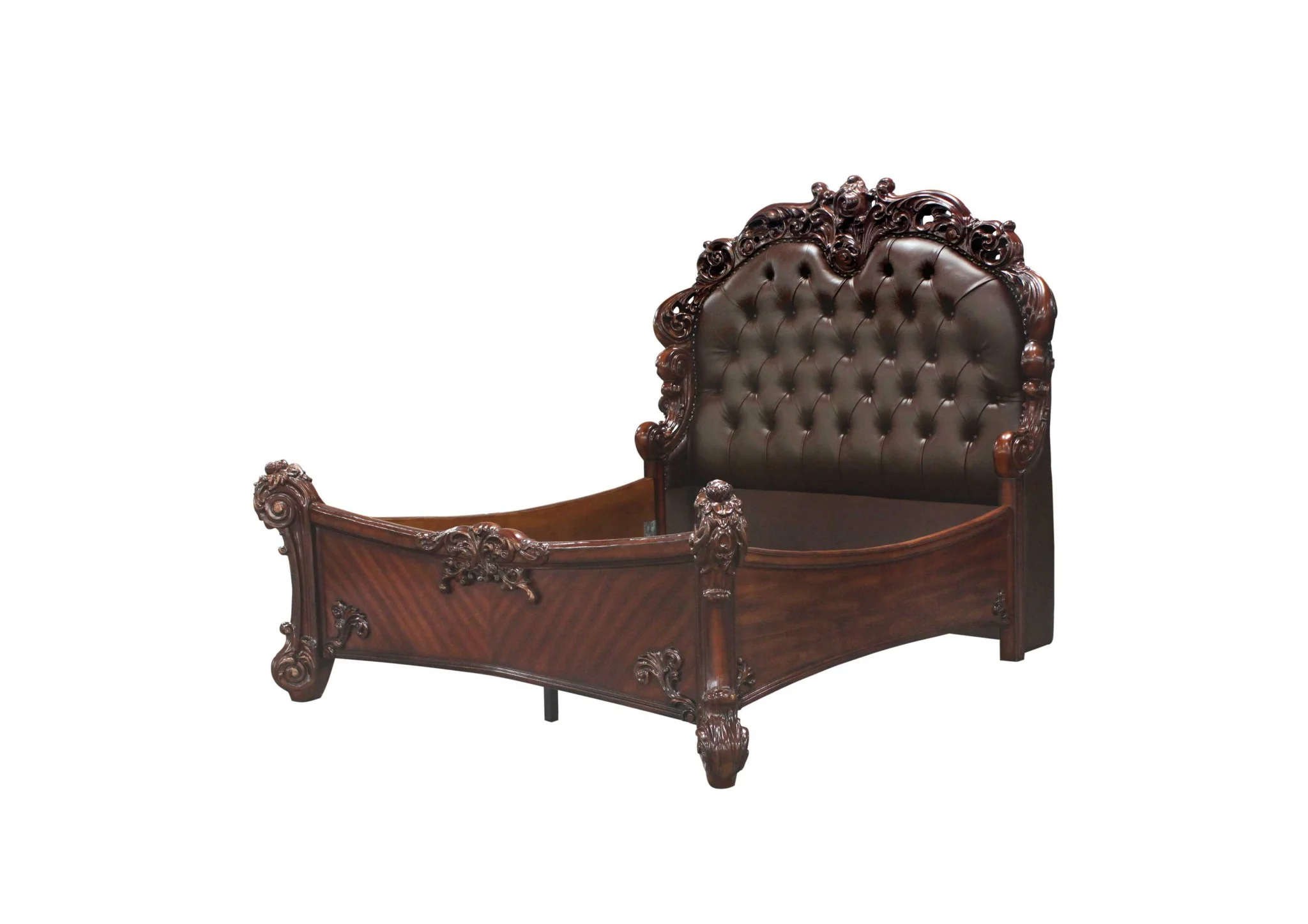 King Size Elaborately Carved Cherry Wood Finish Bed With Tufted Dark Faux Leather Headboard By Homeroots